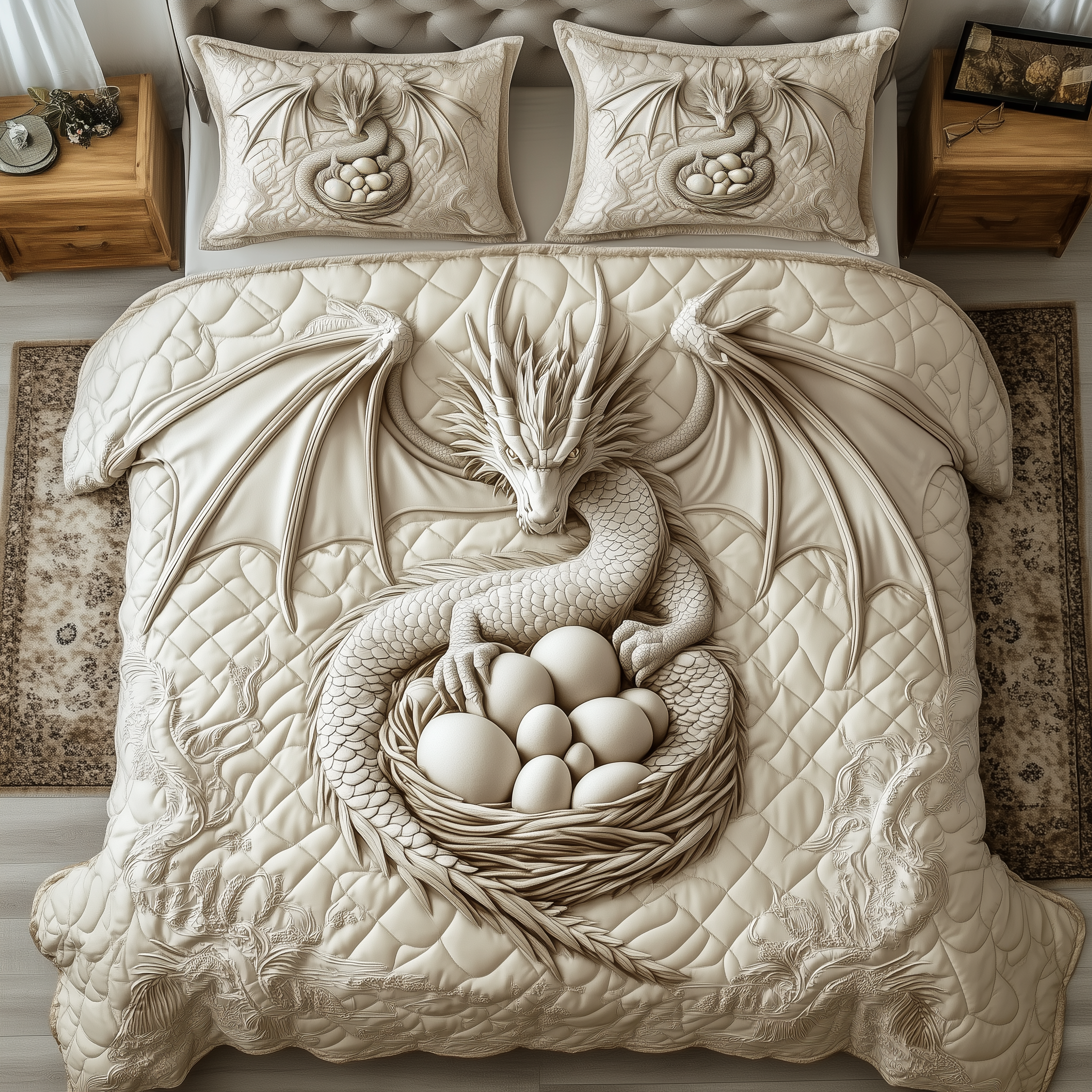 Magnificent White Dragon 3-Piece Quilted Bedding Set GFTOTL1993