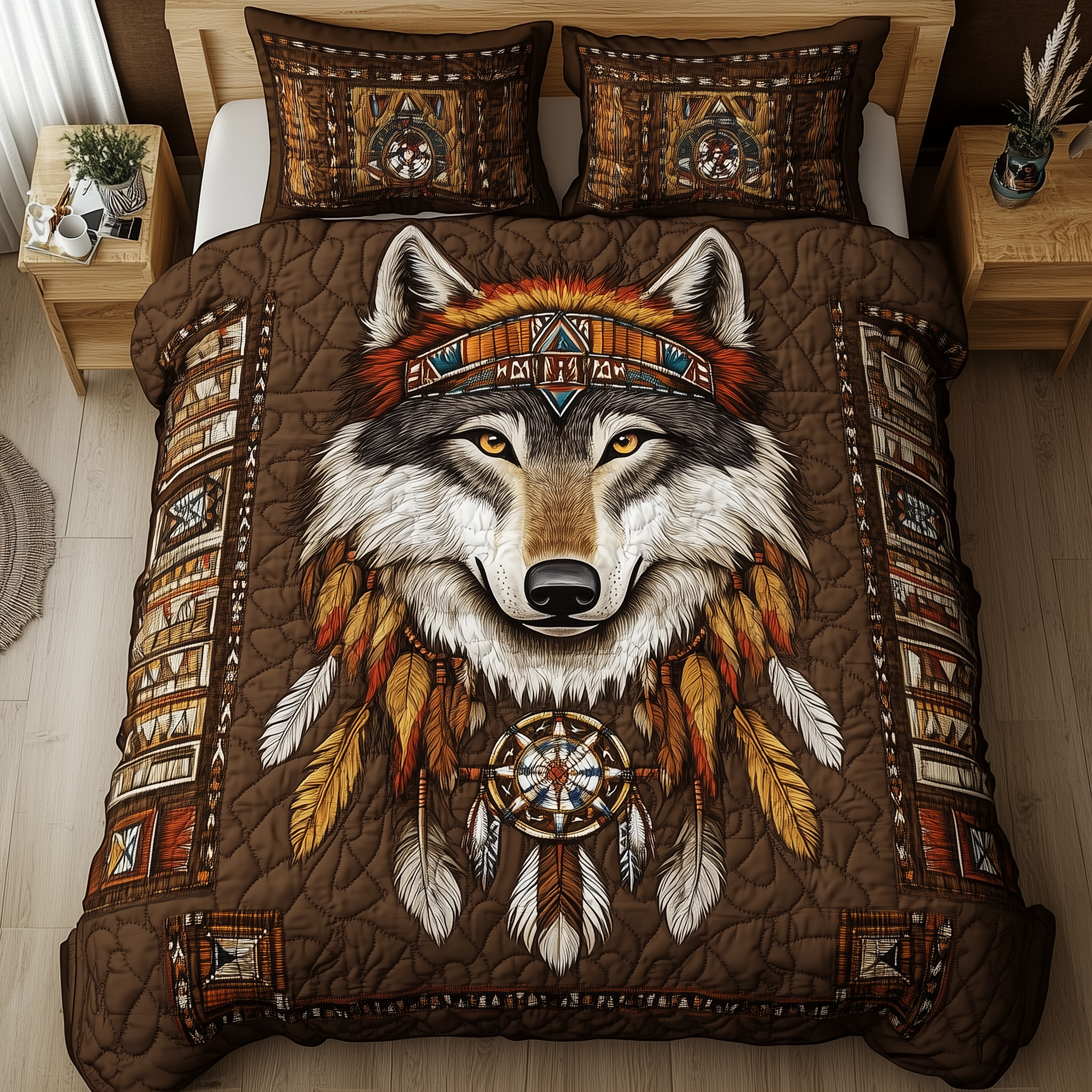 Native American Wolf 3-Piece Quilted Bedding Set GFTOTL2060