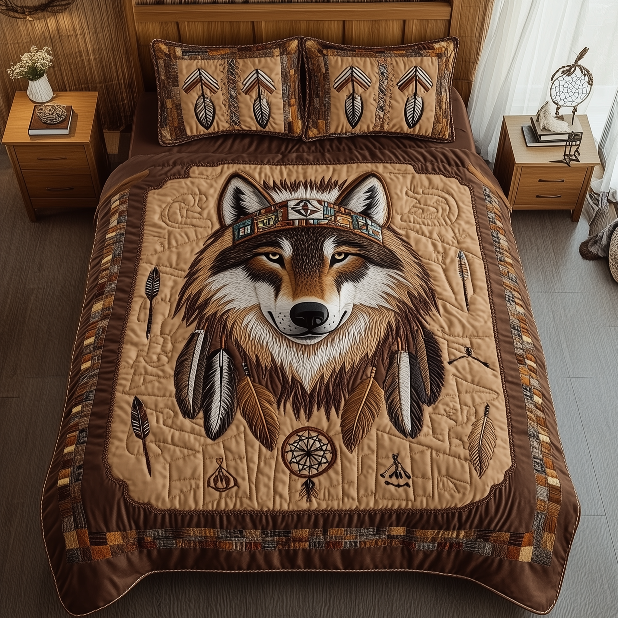 Native American Wolf 3-Piece Quilted Bedding Set GFTOTL2063