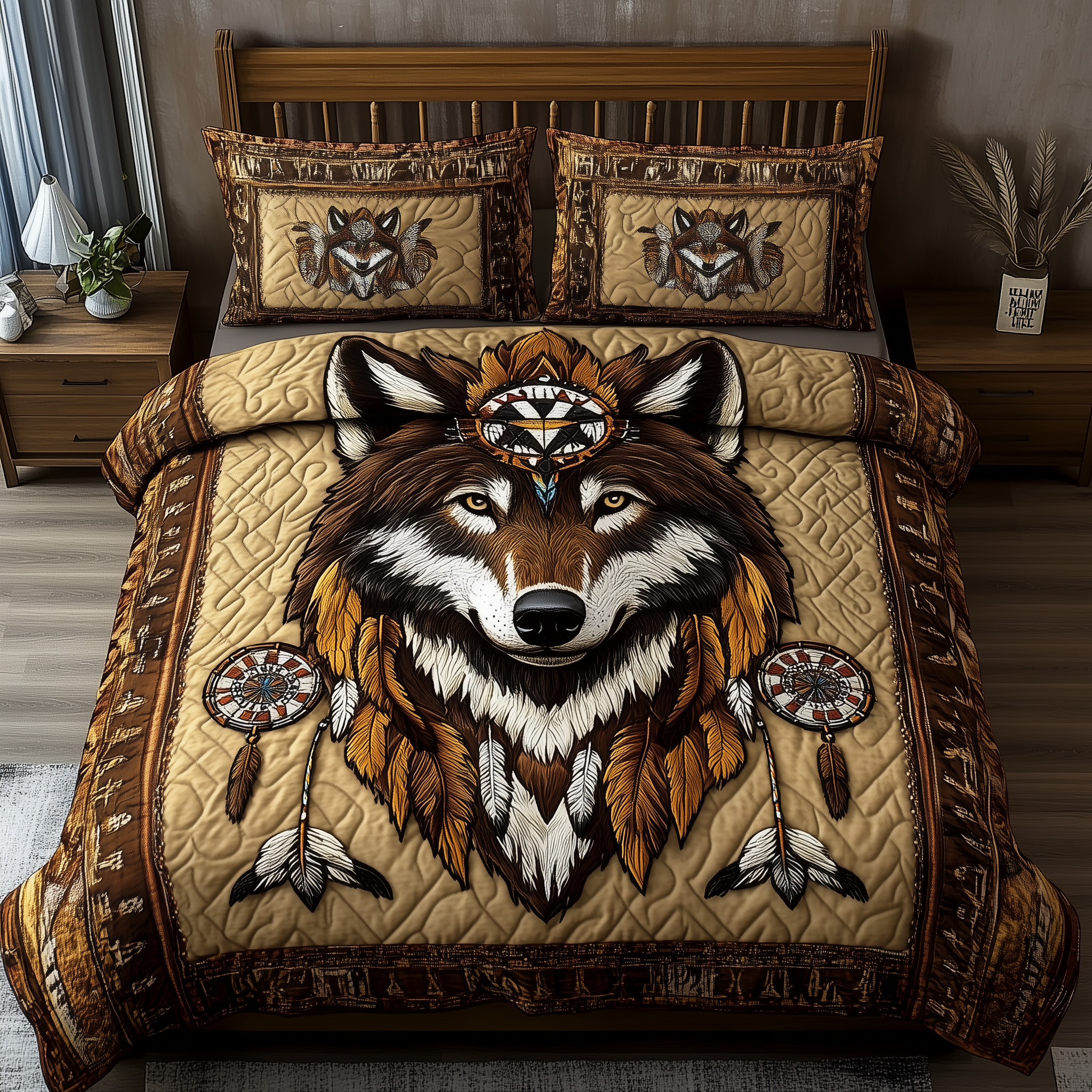 Native American Wolf 3-Piece Quilted Bedding Set GFTOTL2064
