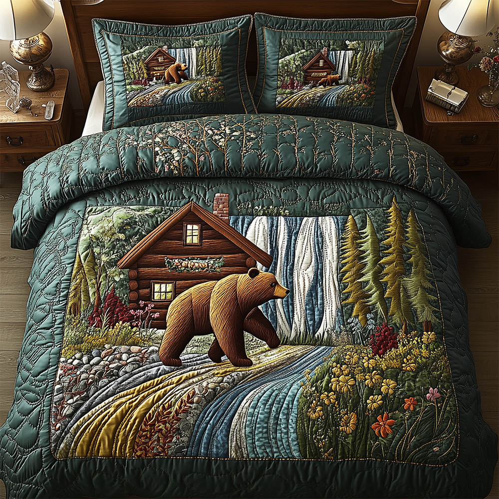 Bear and Cabin 3-Piece Quilted Bedding Set GFTOTL2392