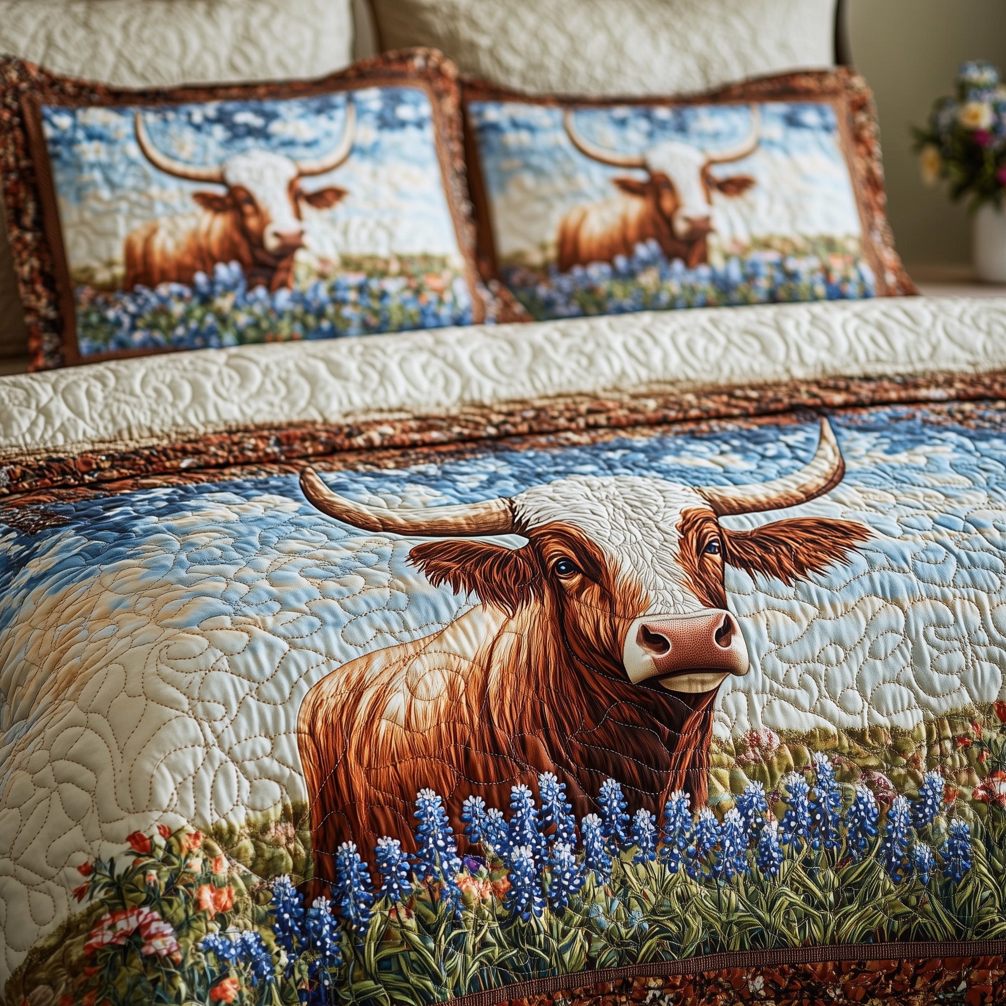 Longhorn Cattle 3-Piece Quilted Bedding Set GFTOTL3055