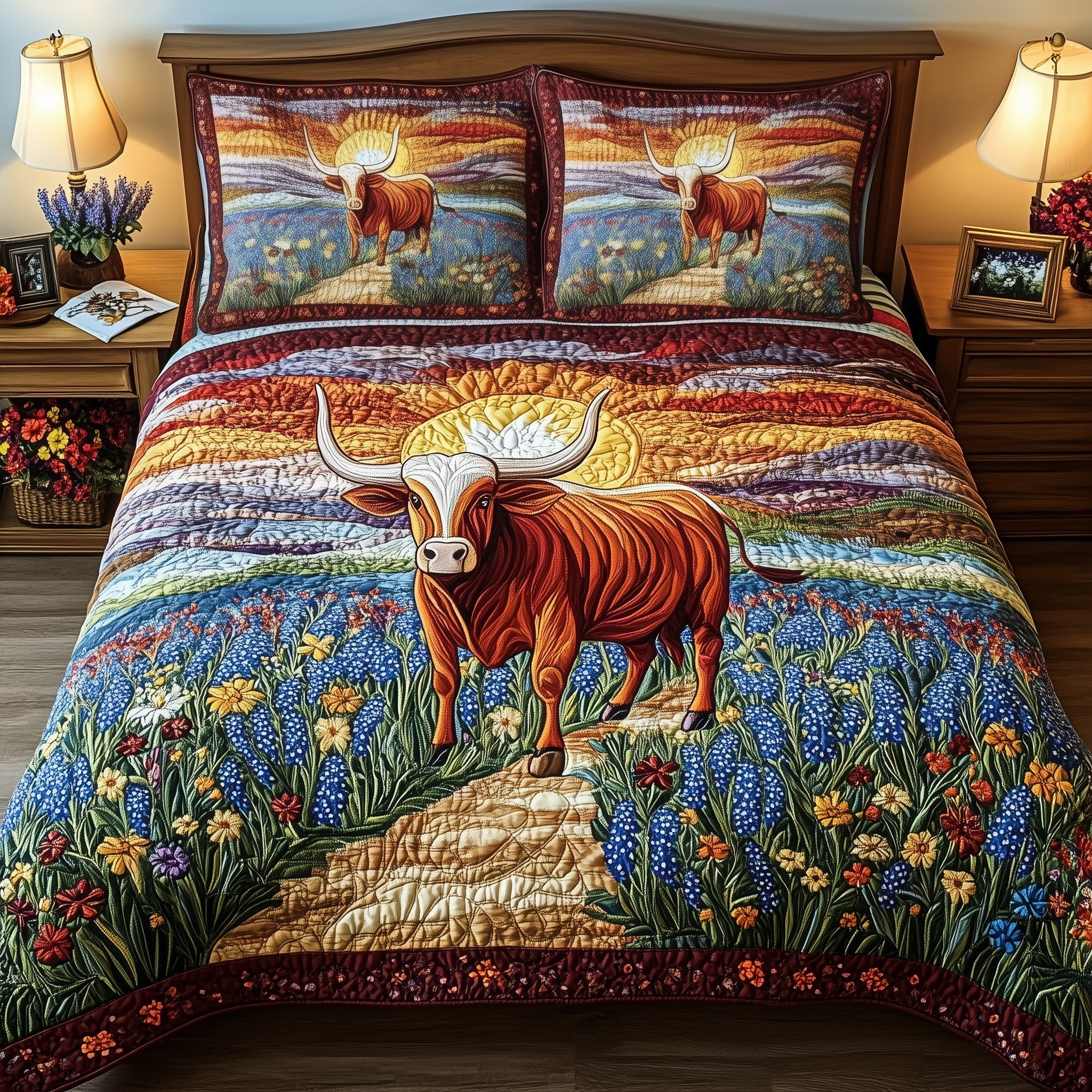 Longhorn Cattle 3-Piece Quilted Bedding Set GFTOTL3057