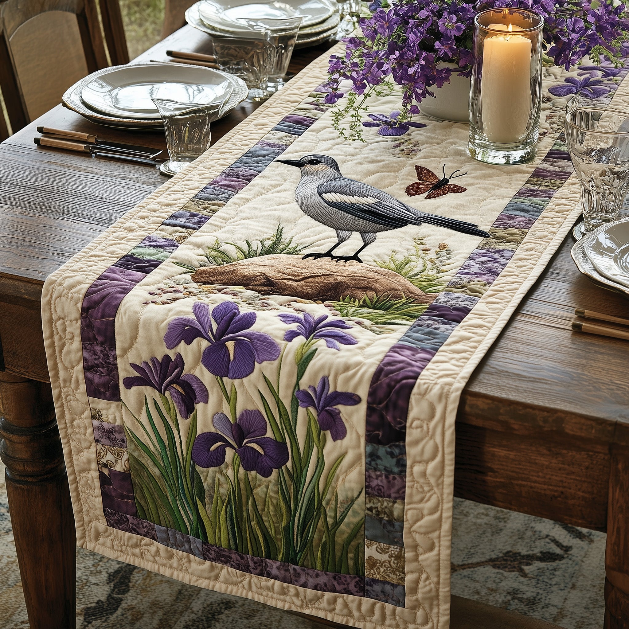 Mockingbird Iris Flowers Quilted Table Runner GFTOTL3106
