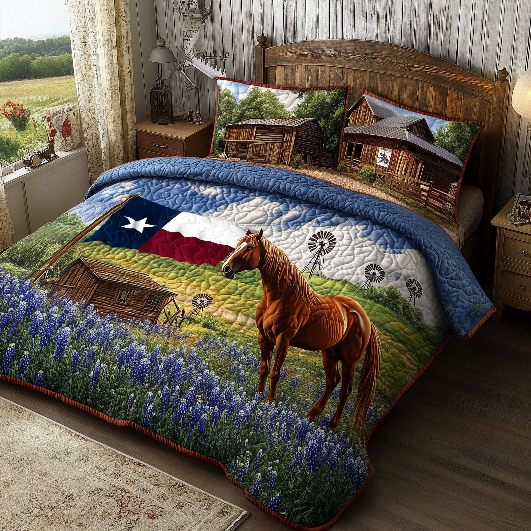 Bluebonnet Horse 3-Piece Quilted Bedding Set GFTOTL3159