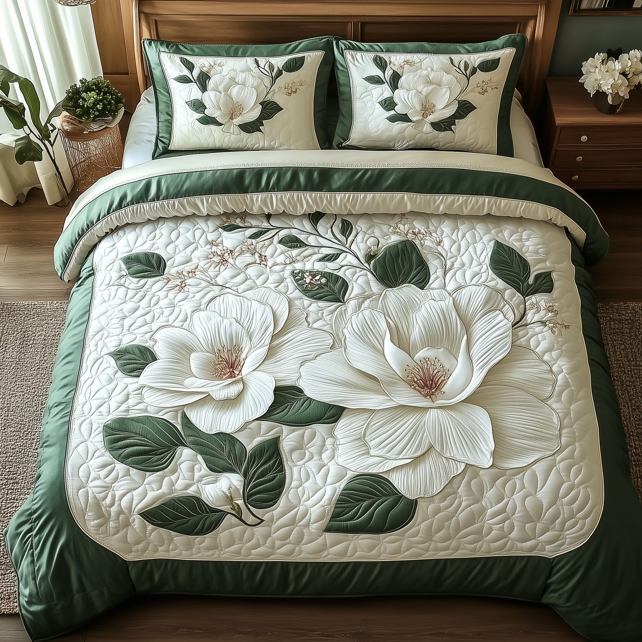 Elegant Blooming Magnolia 3-Piece Quilted Bedding Set GFTOTL3336