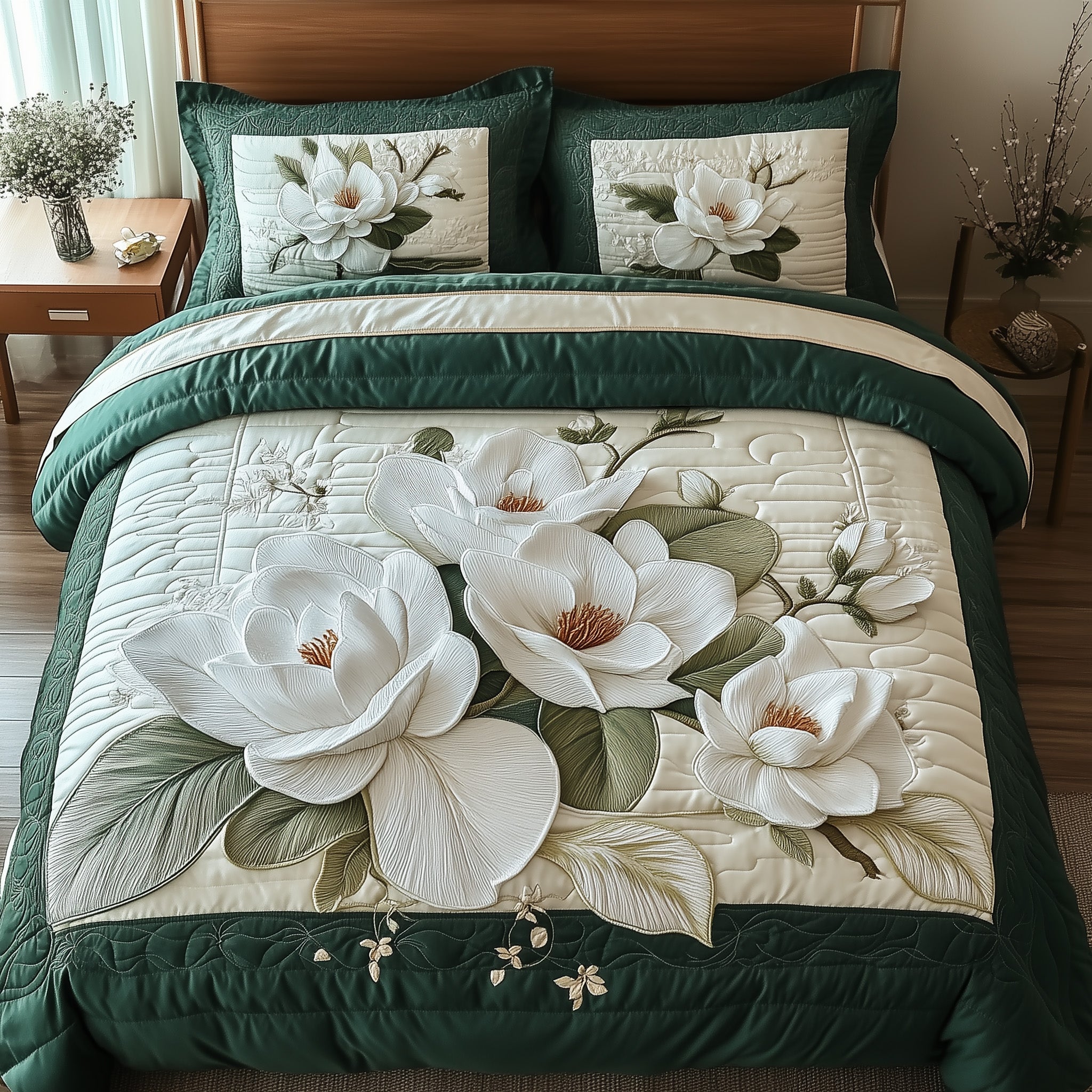 Elegant Blooming Magnolia 3-Piece Quilted Bedding Set GFTOTL3337