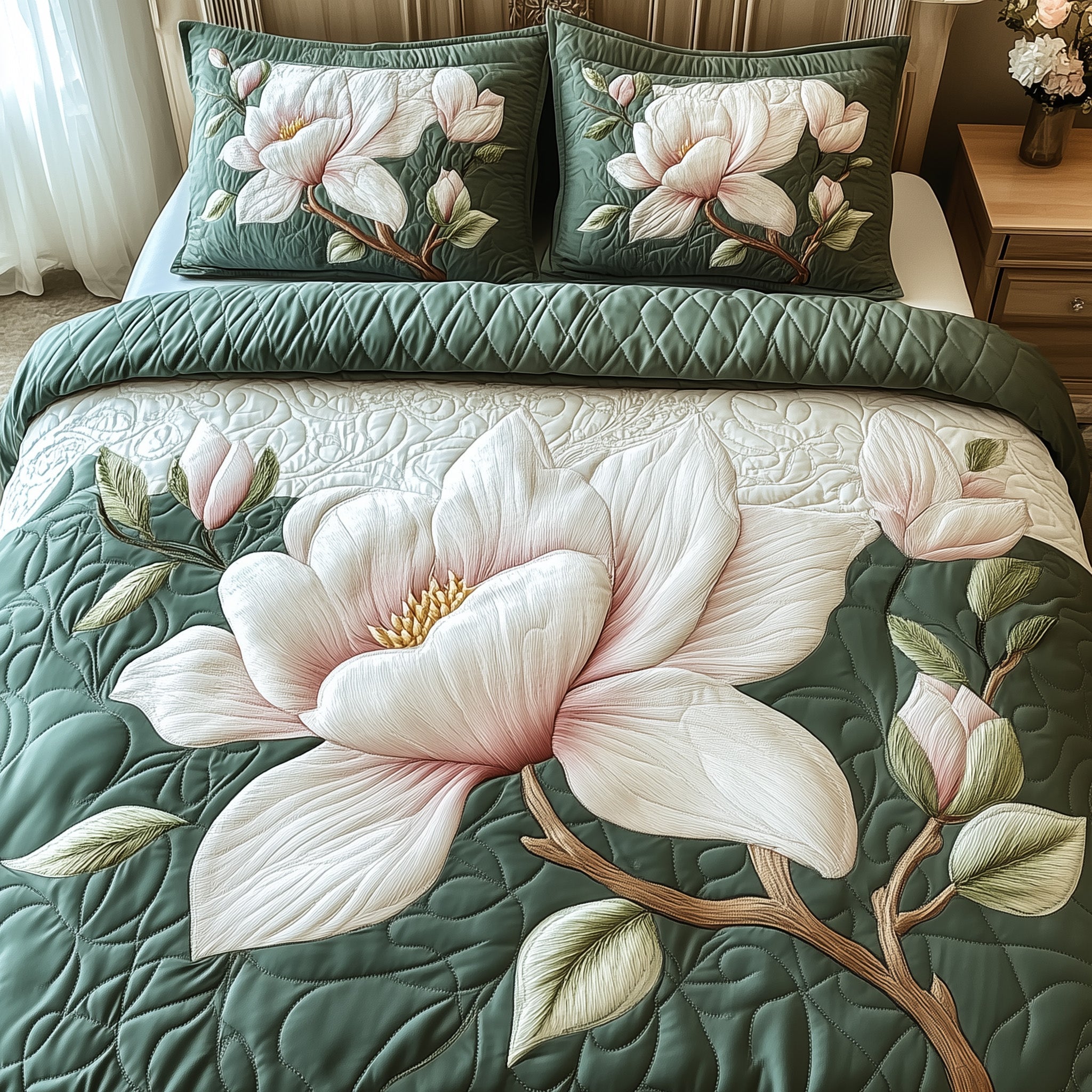 Elegant Blooming Magnolia 3-Piece Quilted Bedding Set GFTOTL3338