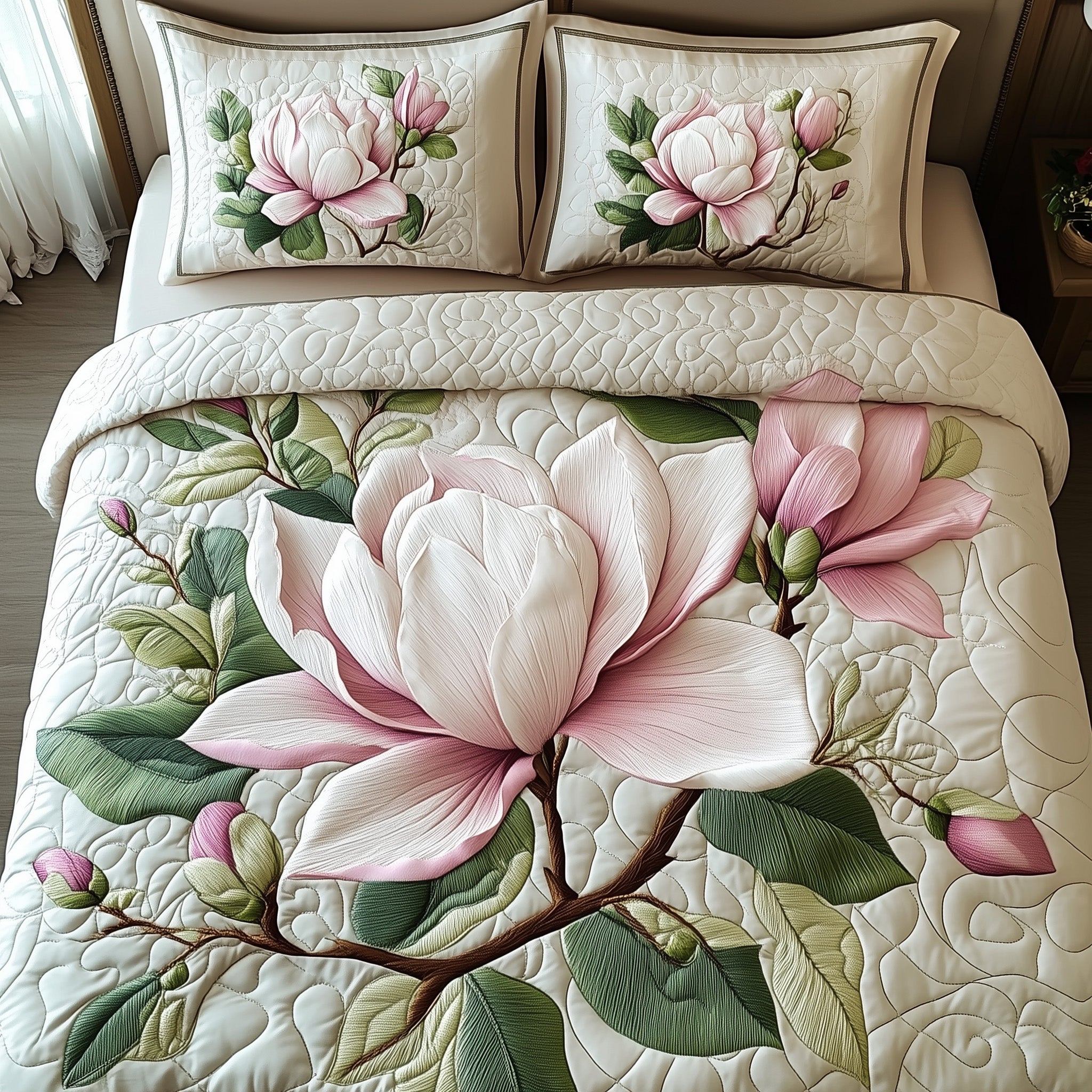 Elegant Blooming Magnolia 3-Piece Quilted Bedding Set GFTOTL3340