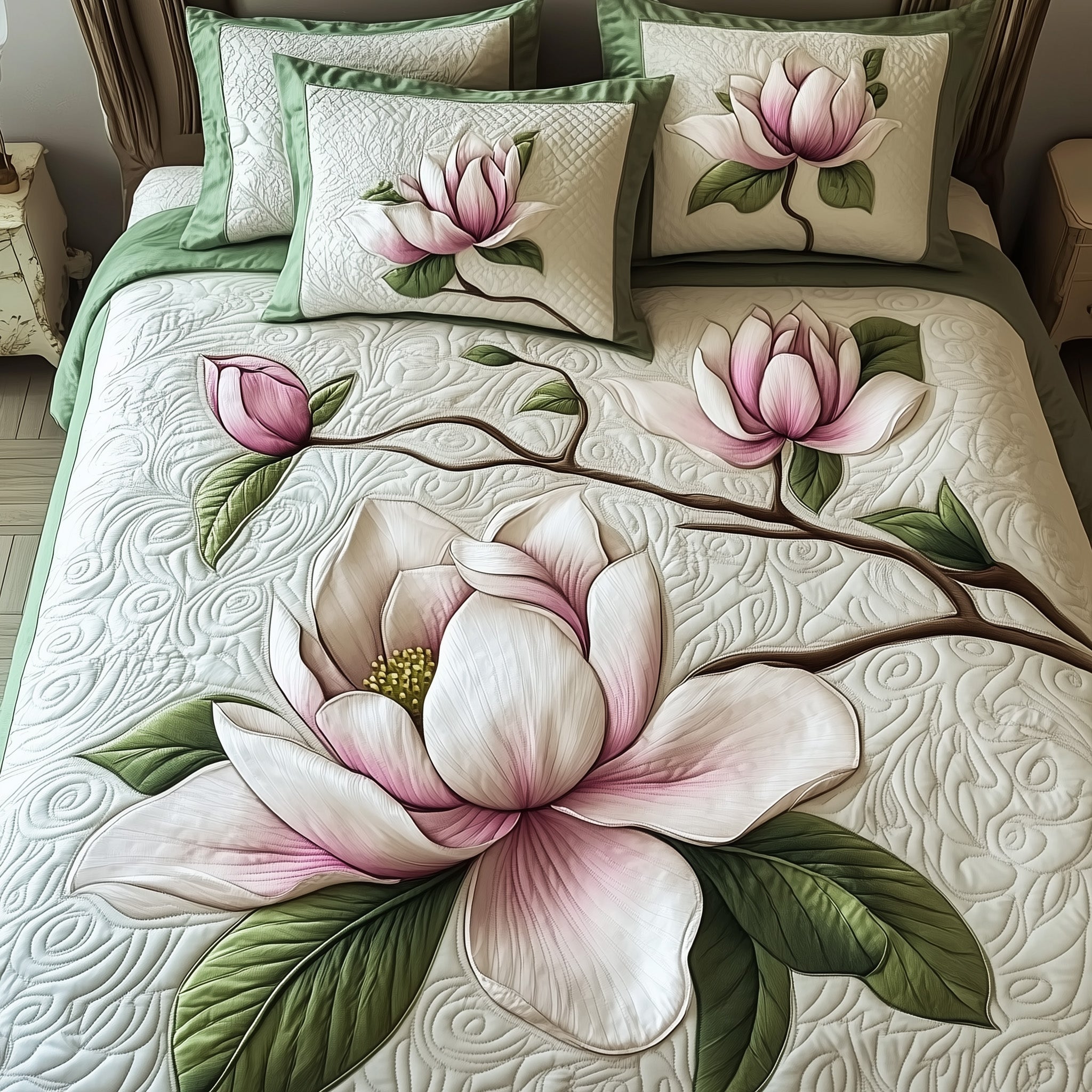 Elegant Blooming Magnolia 3-Piece Quilted Bedding Set GFTOTL3342