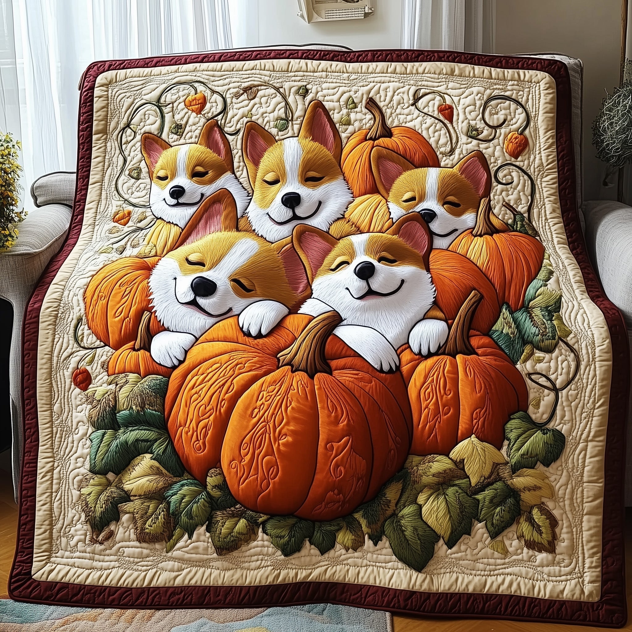 Sleepy Pumpkin Corgi Quilted Blanket GFTOTP12204
