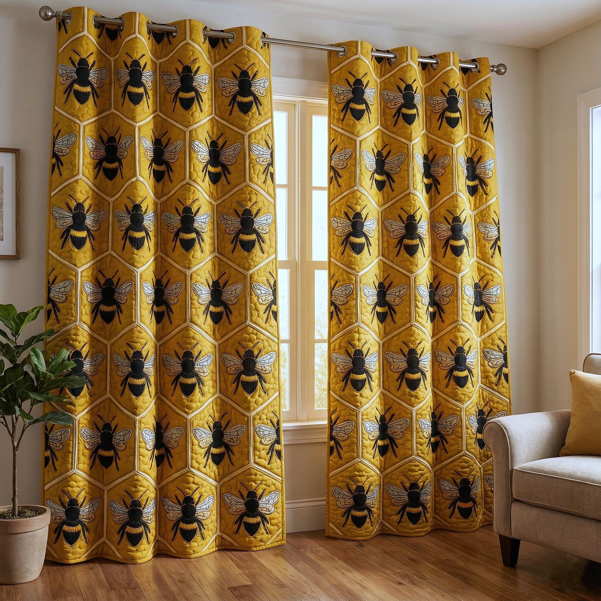 Honey Buzz Quilted Curtains GFTOTP16293