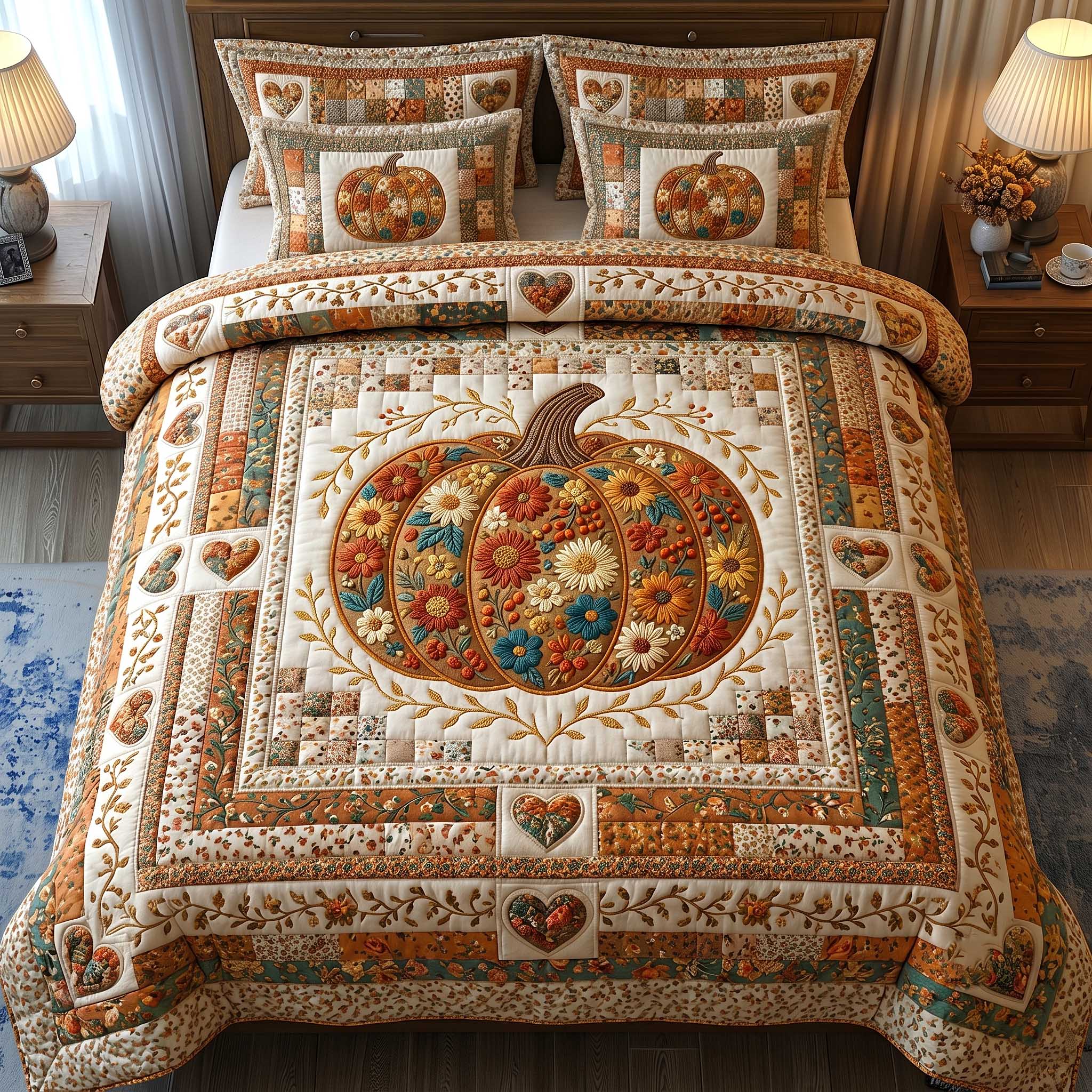 Pumpkin Blossoms Patchwork 3-Piece Quilted Bedding Set GFTOTP19829