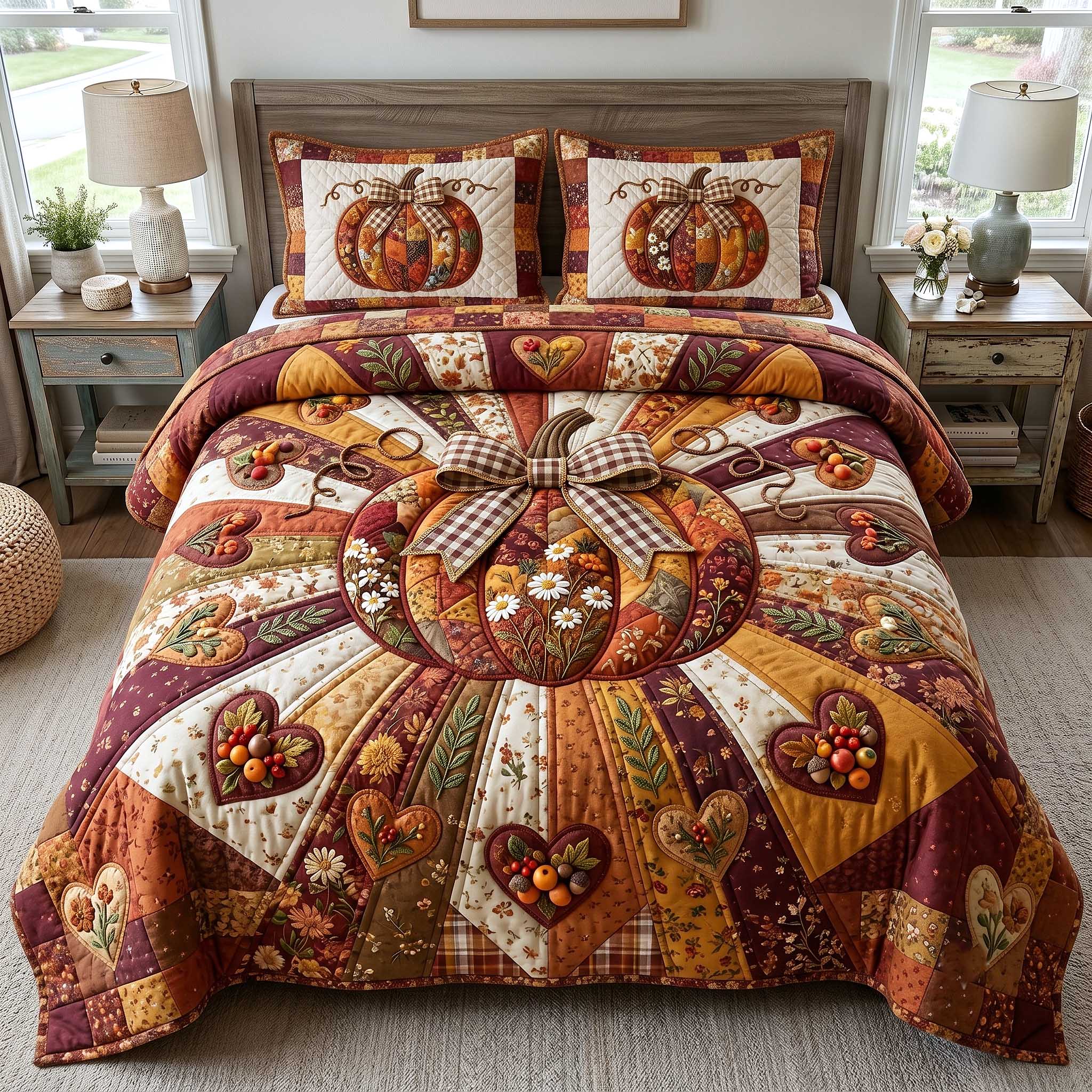 Pumpkin Blossoms Patchwork 3-Piece Quilted Bedding Set GFTOTP19833