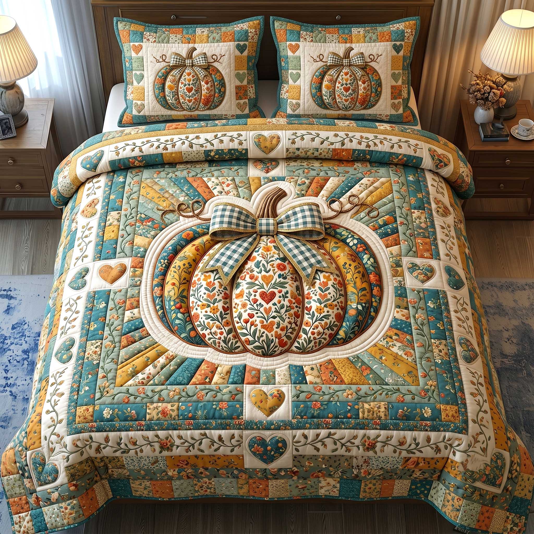 Pumpkin Blossoms Patchwork 3-Piece Quilted Bedding Set GFTOTP19834