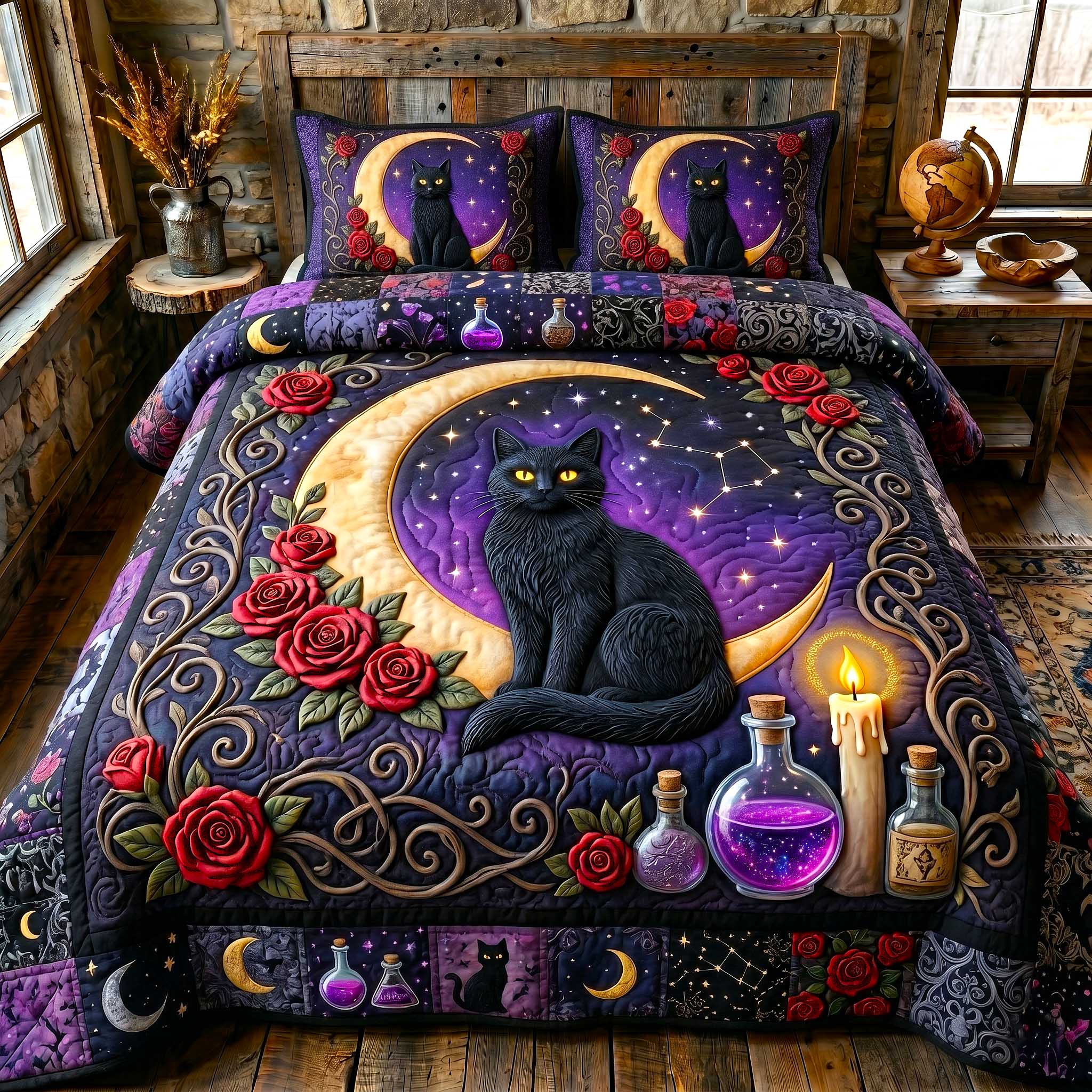 Black Cat Magic 3-Piece Quilted Bedding Set GFTOTP19858