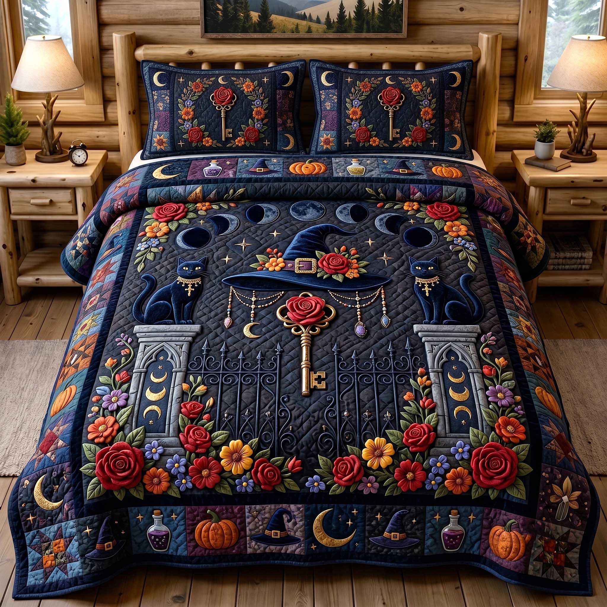 Black Cat Magic 3-Piece Quilted Bedding Set GFTOTP19860