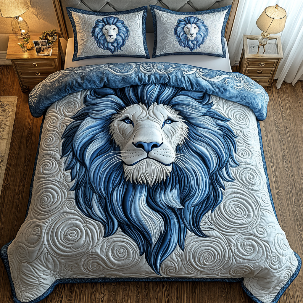 Blue Swirl Majestic Lion 3-Piece Quilted Bedding Set GFTOTP2149