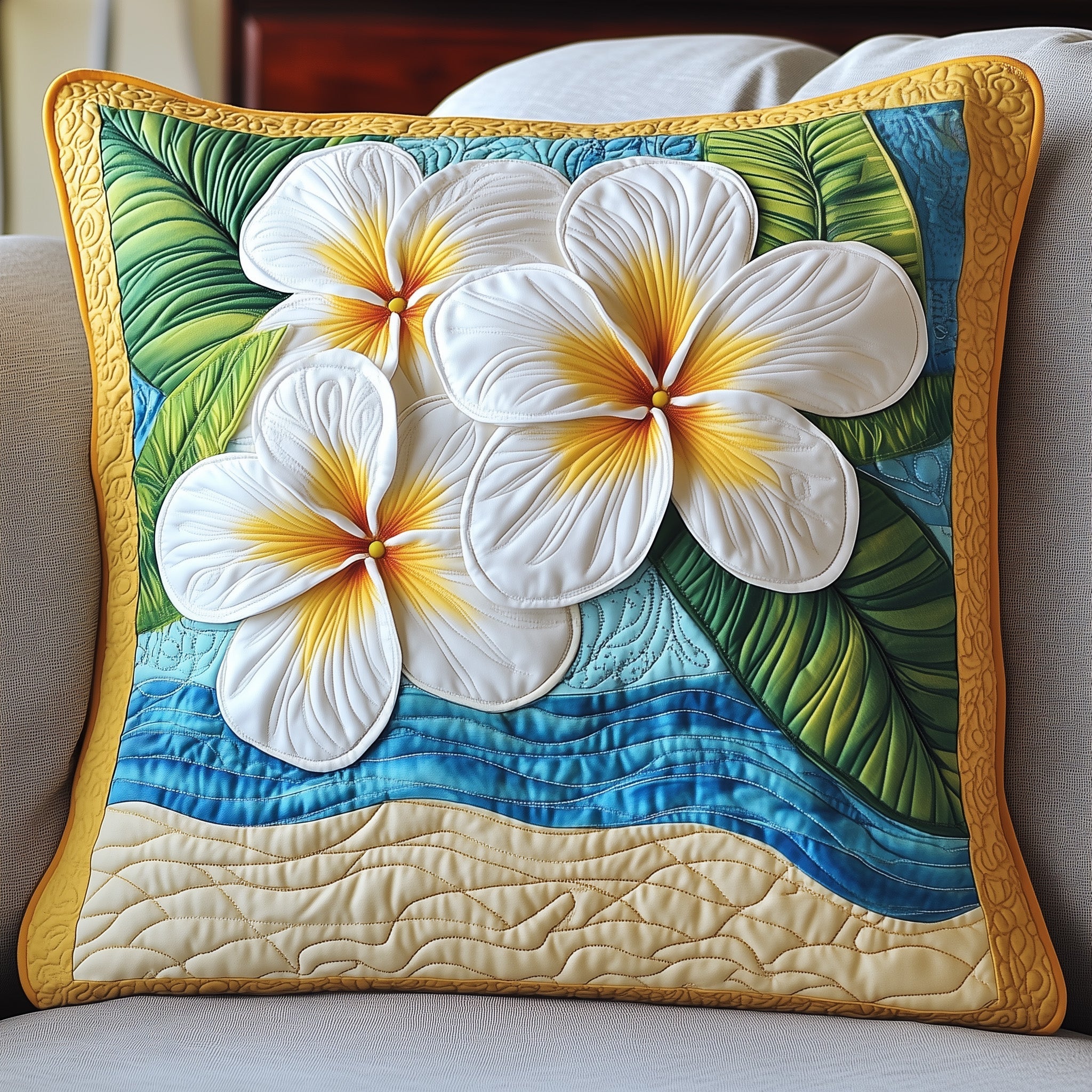 Seaside Blossom Plumera Quilted Pillow Case GFTOTP6281
