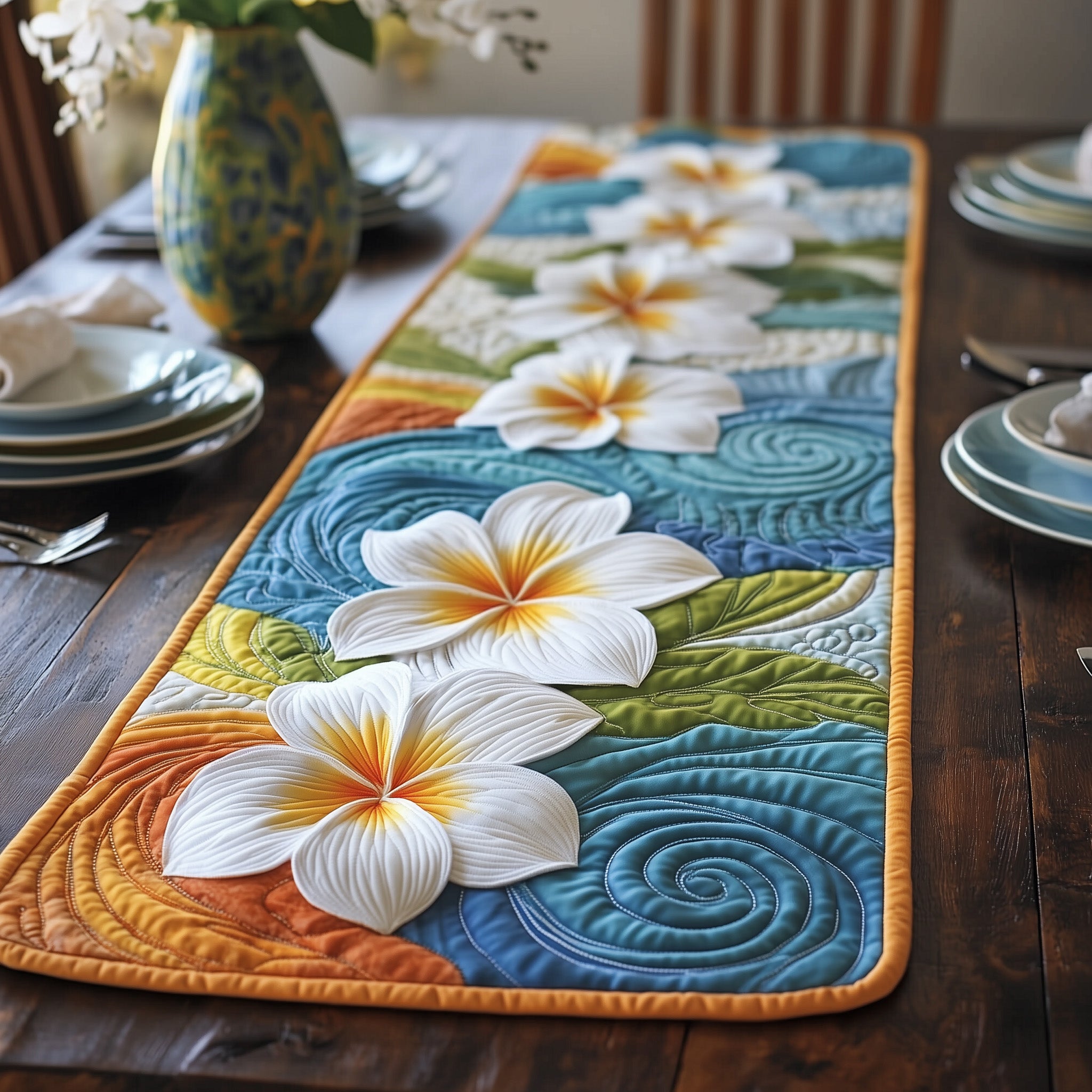 Swirly Plumeria Quilted Table Runner GFTOXM431