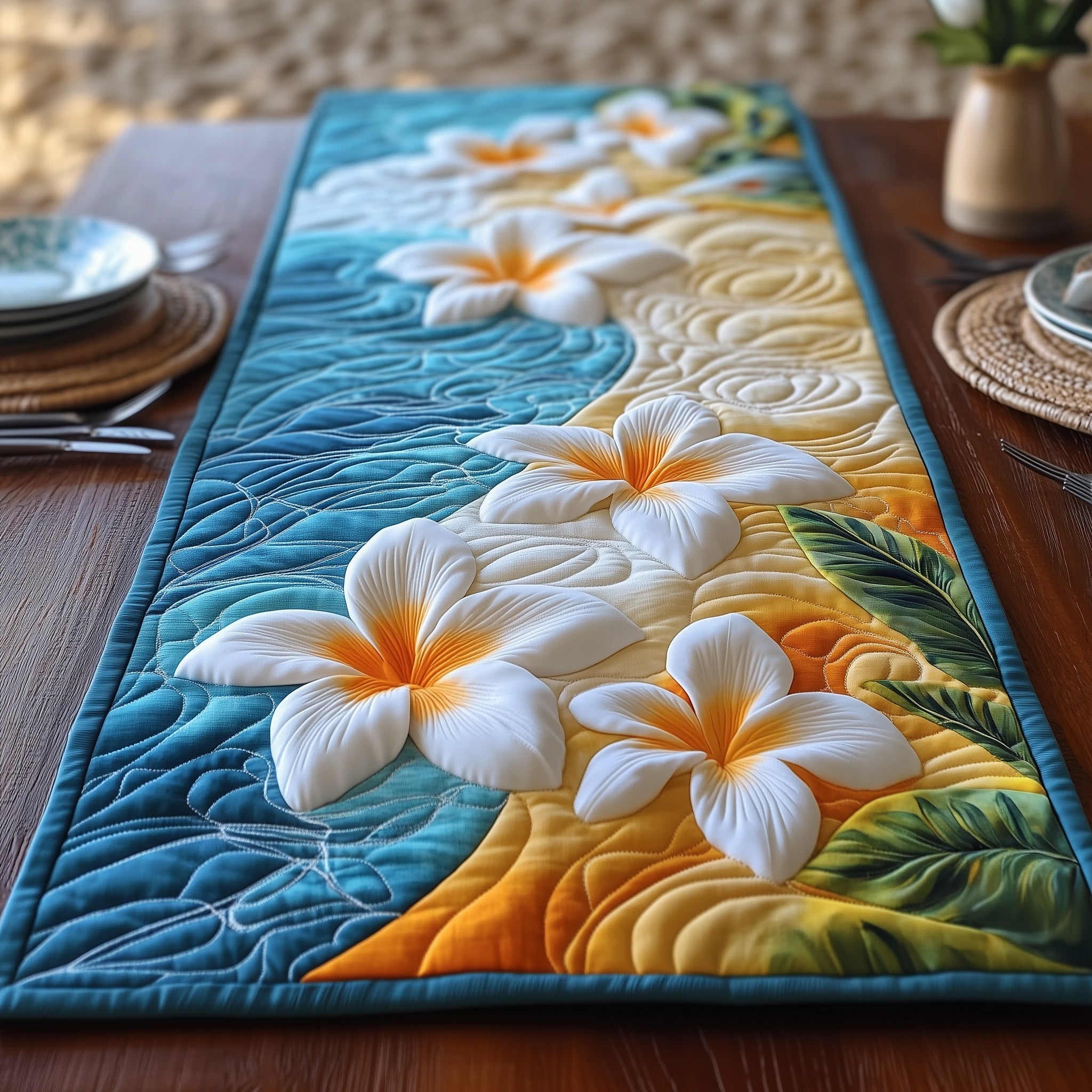 Seashore Plumeria Quilted Table Runner GFTOXM432