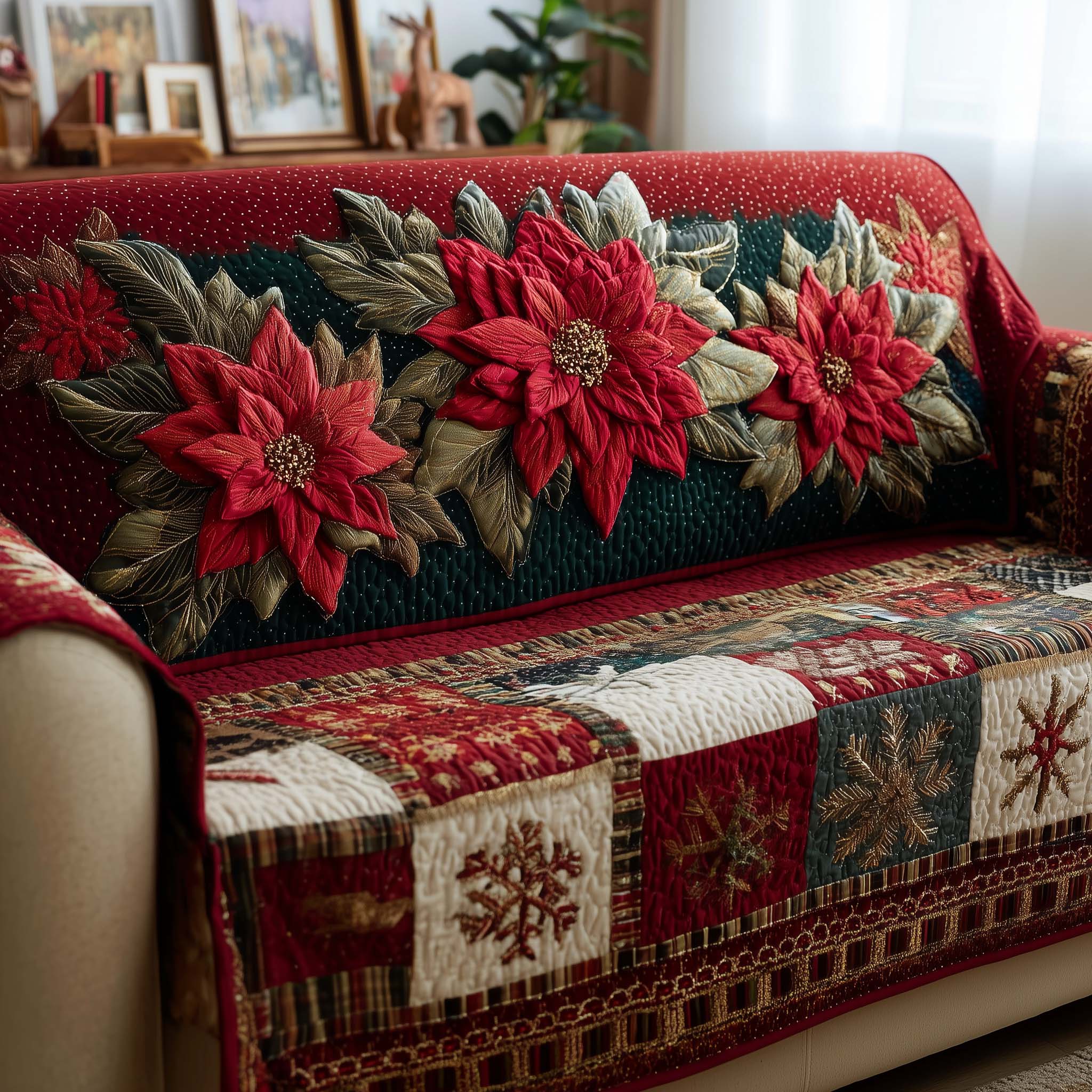 Festive Poinsettia Quilted Sofa Cover GFTOYC2087