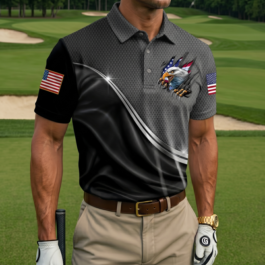 Men’s Patriotic Eagle Breakthrough Print Golf Polo Shirt - Quick-Dry Performance with USA Flag Detail