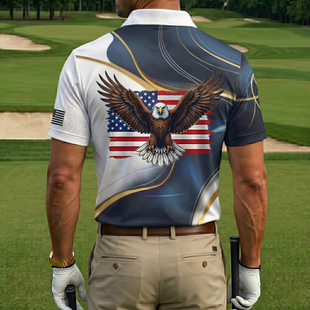 Men’s Patriotic Eagle Breakthrough Print Golf Polo Shirt - Quick-Dry Performance with USA Flag Detail