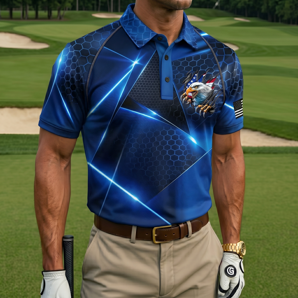 Men’s Patriotic Eagle Breakthrough Print Golf Polo Shirt - Quick-Dry Performance with USA Flag Detail
