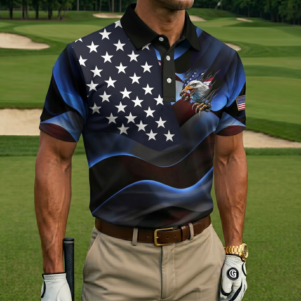Men’s Patriotic Eagle Breakthrough Print Golf Polo Shirt - Quick-Dry Performance with USA Flag Detail