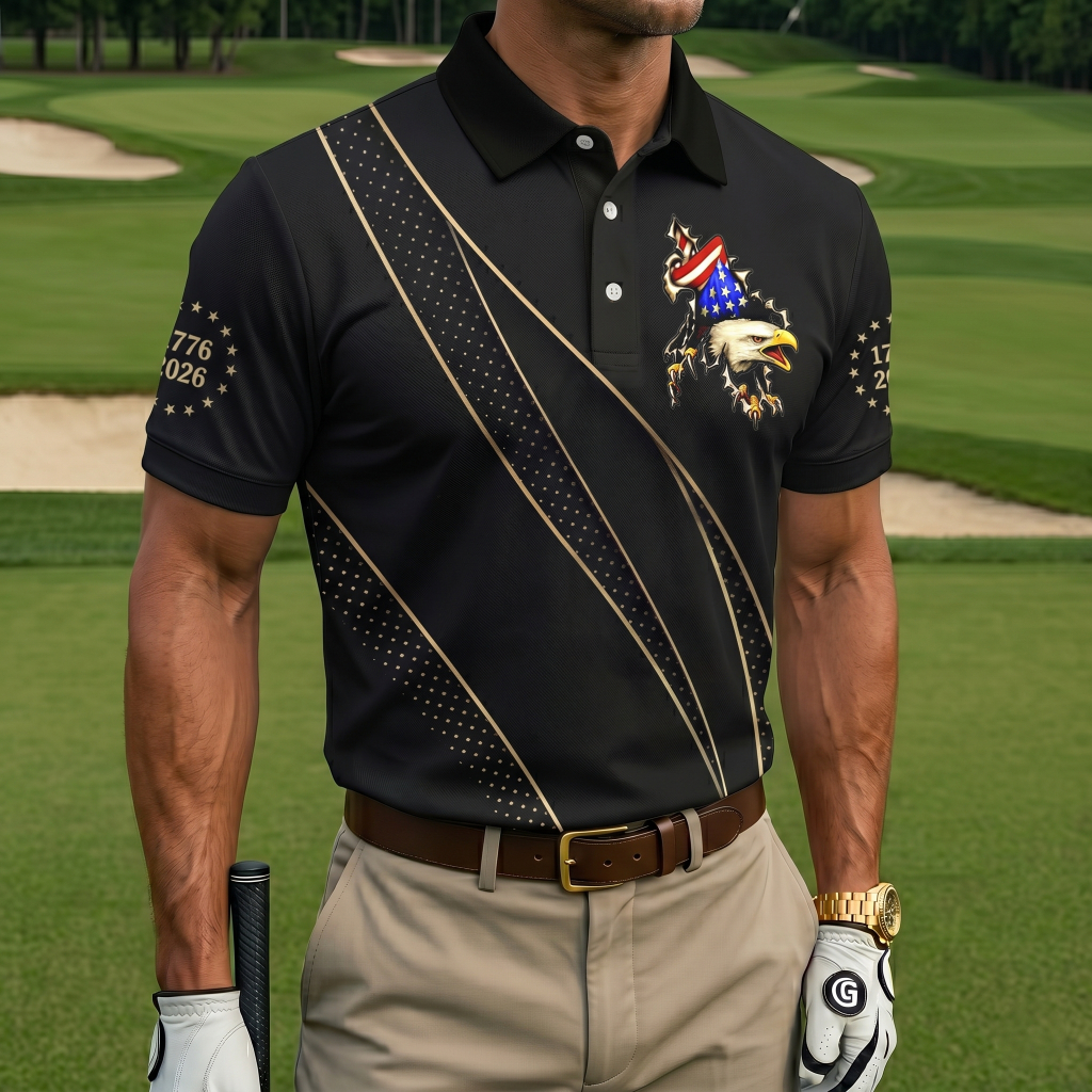 Men’s Patriotic Eagle Breakthrough Print Golf Polo Shirt - Quick-Dry Performance with USA Flag Detail