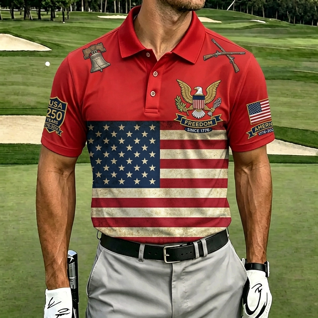 250th Years USA Flag Polo Shirt 1776-2026 American Independence Anniversary Patriotic Eagle Shirt
