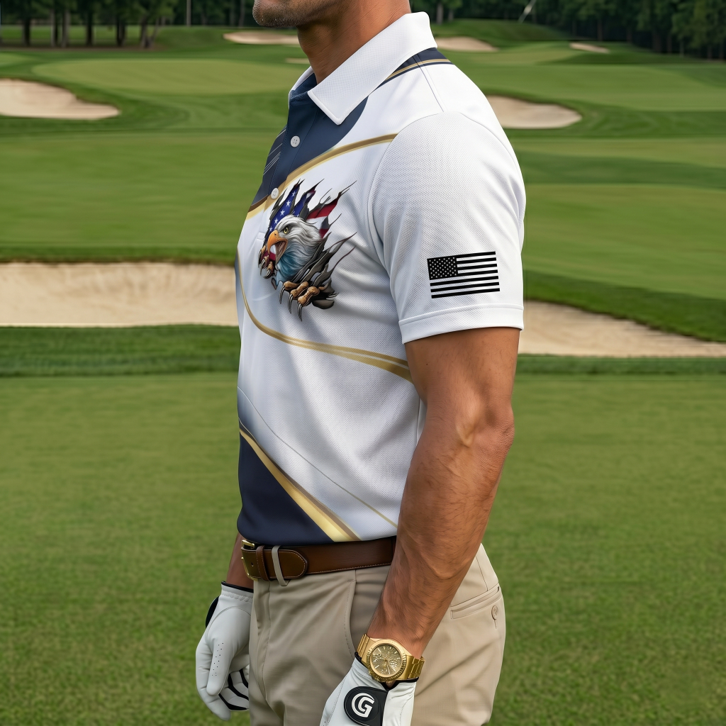 Men’s Patriotic Eagle Breakthrough Print Golf Polo Shirt - Quick-Dry Performance with USA Flag Detail