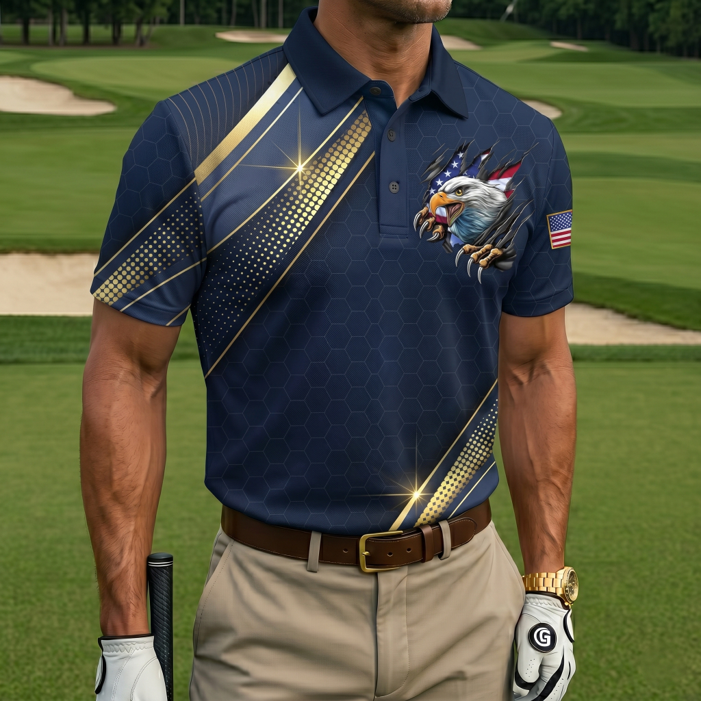 Men’s Patriotic Eagle Breakthrough Print Golf Polo Shirt - Quick-Dry Performance with USA Flag Detail