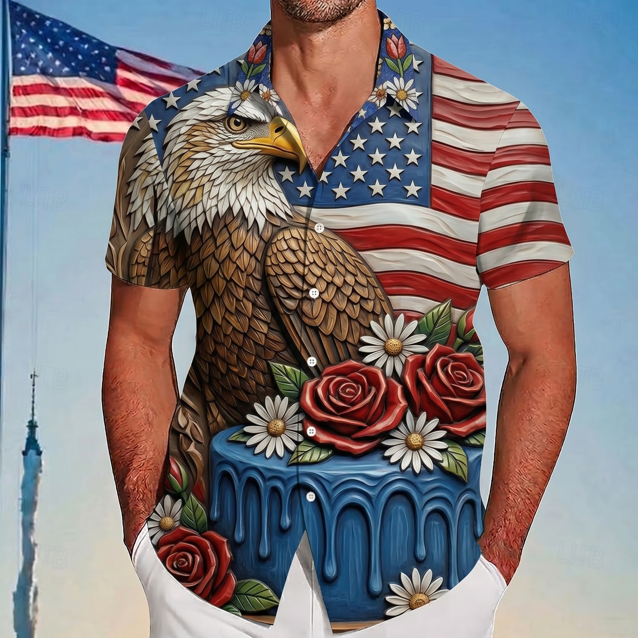 Stained Glass USA Patriotic Casual Shirt - 250th Anniversary Floral Flag Button-Up