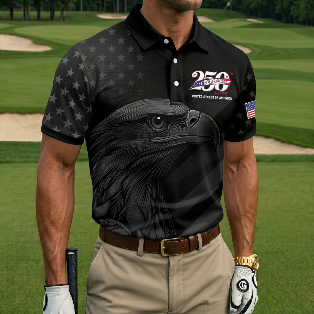 Men’s Patriotic Eagle Breakthrough Print Golf Polo Shirt - Quick-Dry Performance with USA Flag Detail
