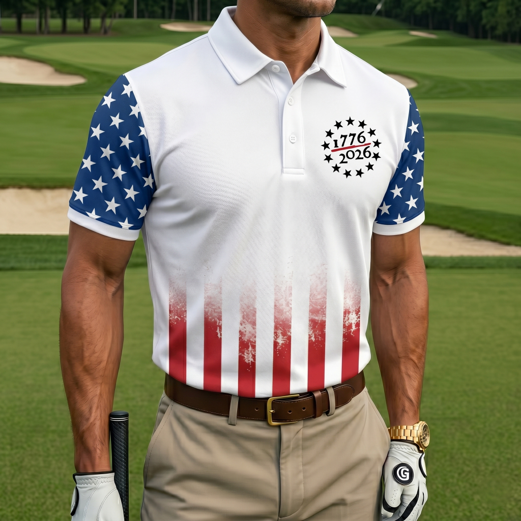Men’s Patriotic Eagle Breakthrough Print Golf Polo Shirt - Quick-Dry Performance with USA Flag Detail