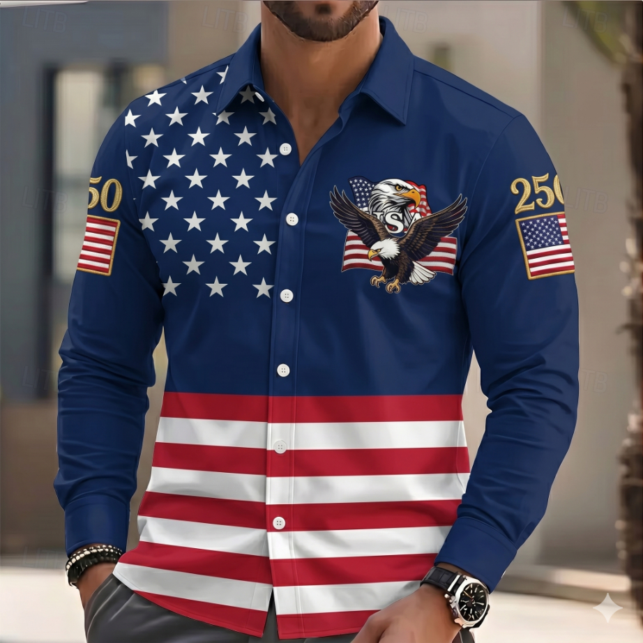 Men’s 250th Anniversary Patriotic Casual Shirt - American Flag & Eagle Print Long-Sleeve Button-Up