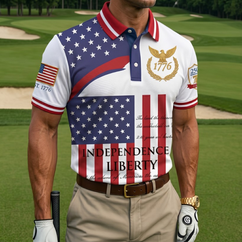 250th Years USA Flag Polo Shirt 1776-2026 American Independence Anniversary Patriotic Eagle Shirt