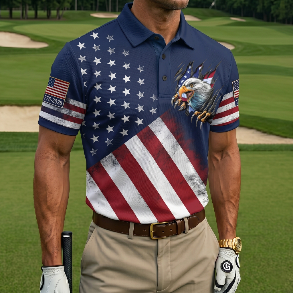Men’s Patriotic Eagle Breakthrough Print Golf Polo Shirt - Quick-Dry Performance with USA Flag Detail