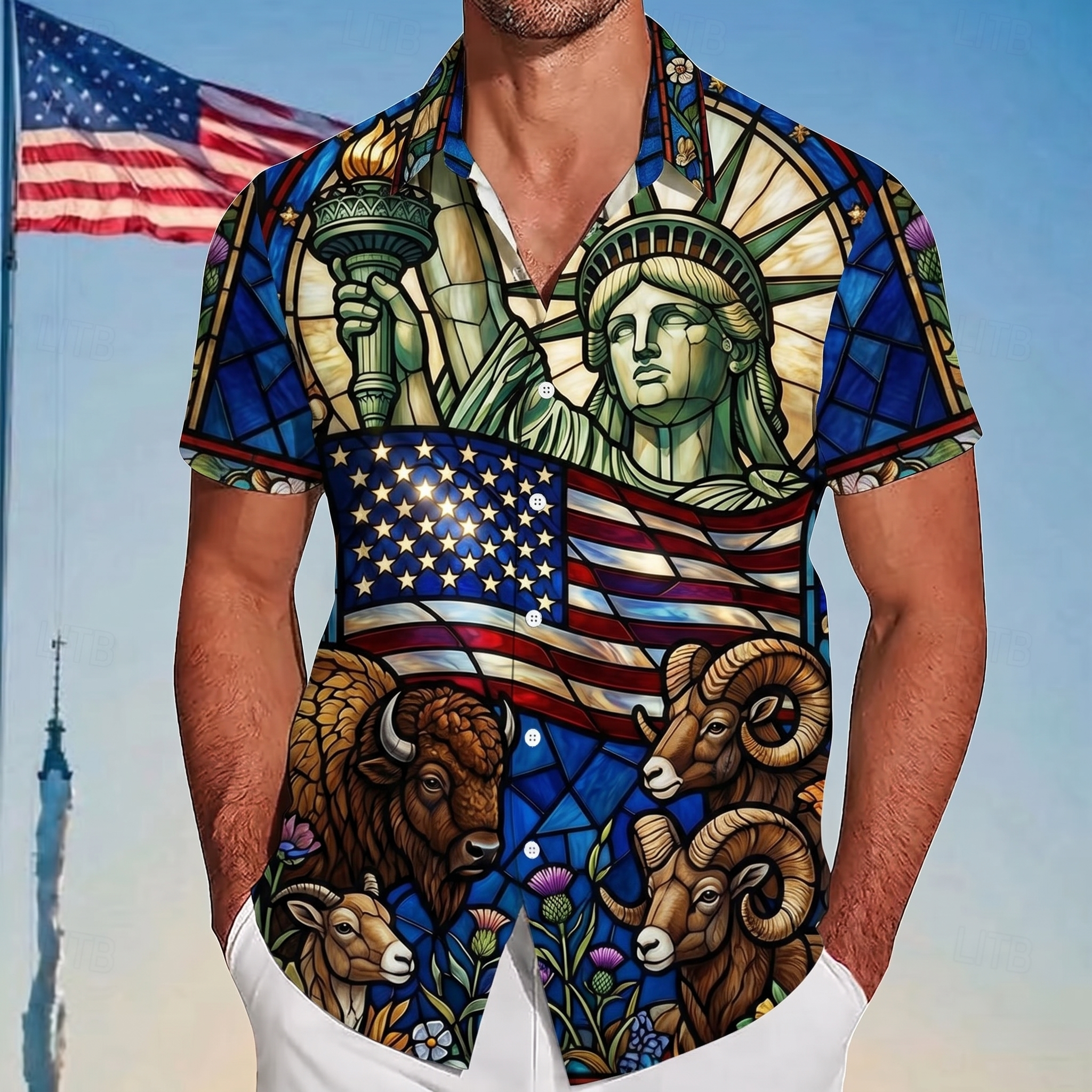 Stained Glass USA Patriotic Casual Shirt - 250th Anniversary Floral Flag Button-Up