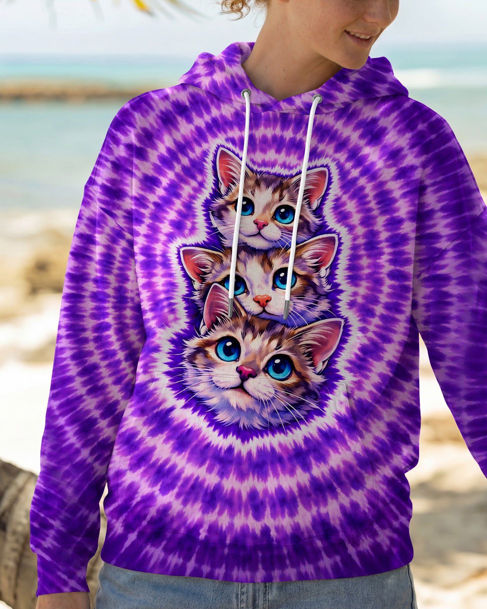 THREE CAT FACE PURPLE SWIRL ALL OVER PRINT - TLHG1703263