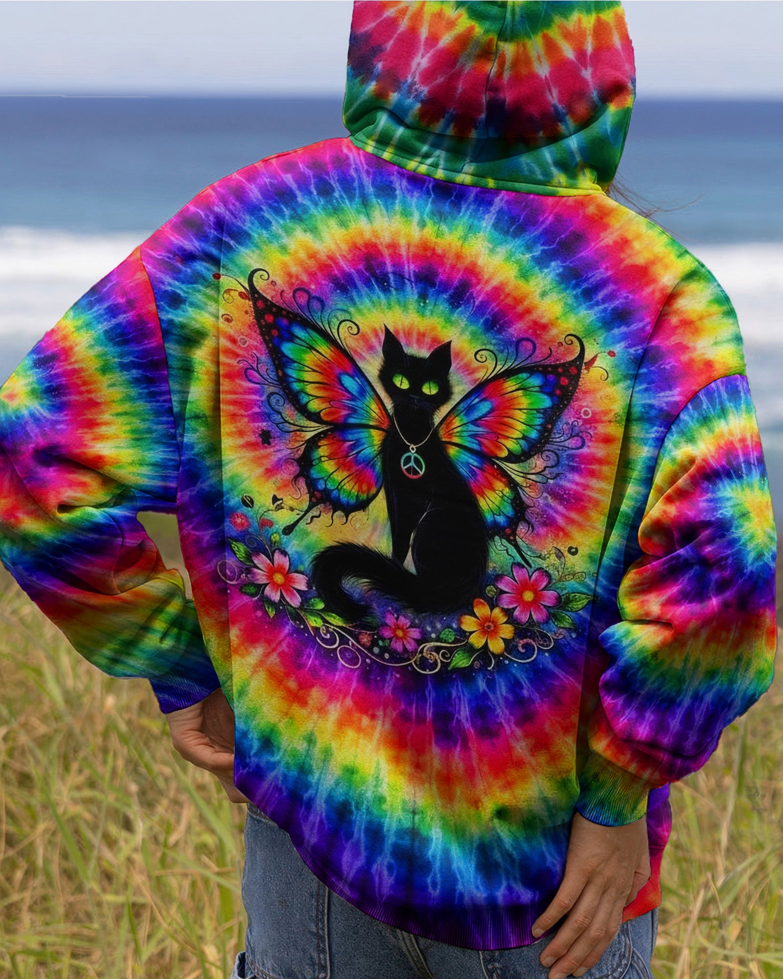 RAINBOW SWIRL BLACK CAT ALL OVER PRINT - YHHG2502261