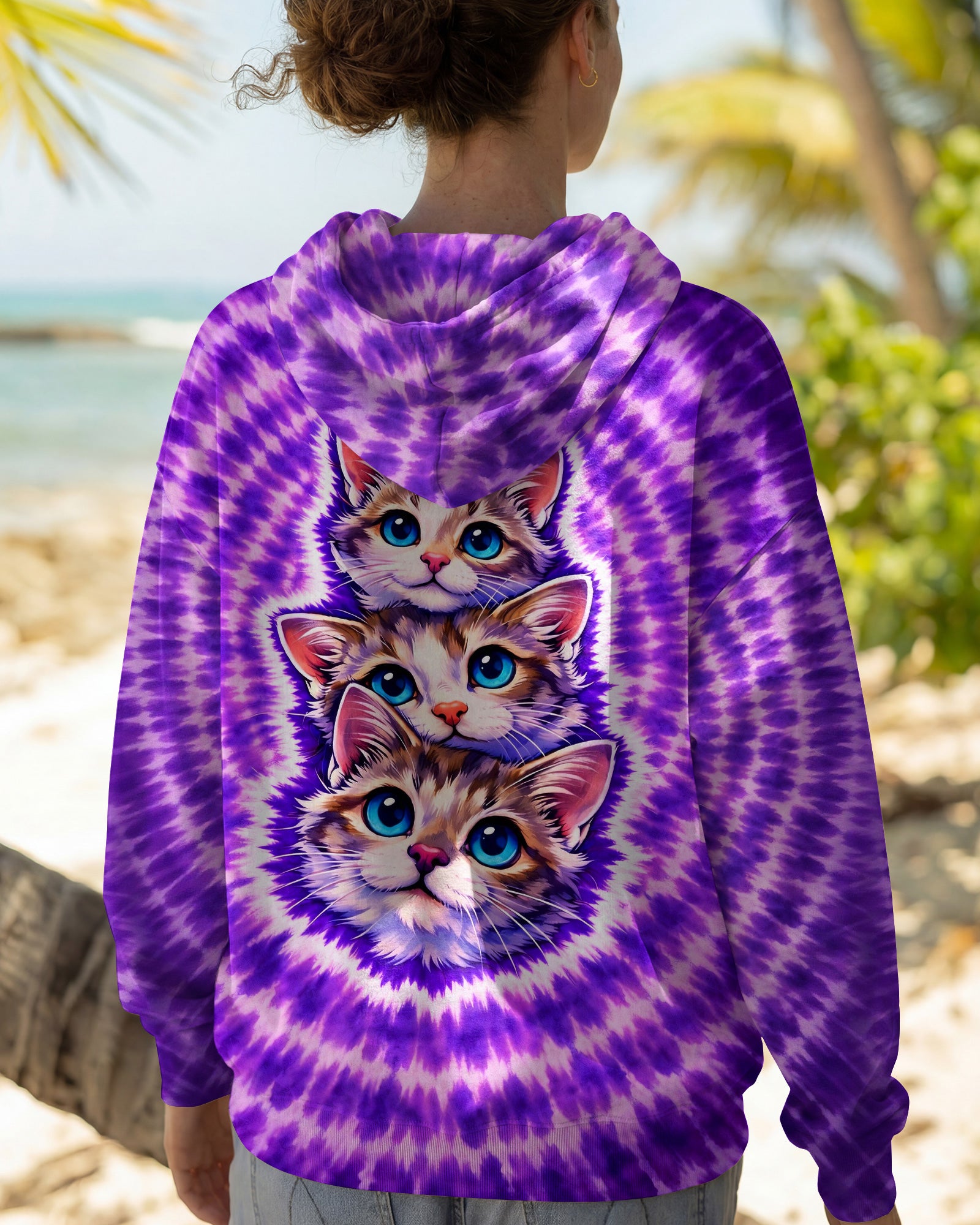 THREE CAT FACE PURPLE SWIRL ALL OVER PRINT - TLHG1703263