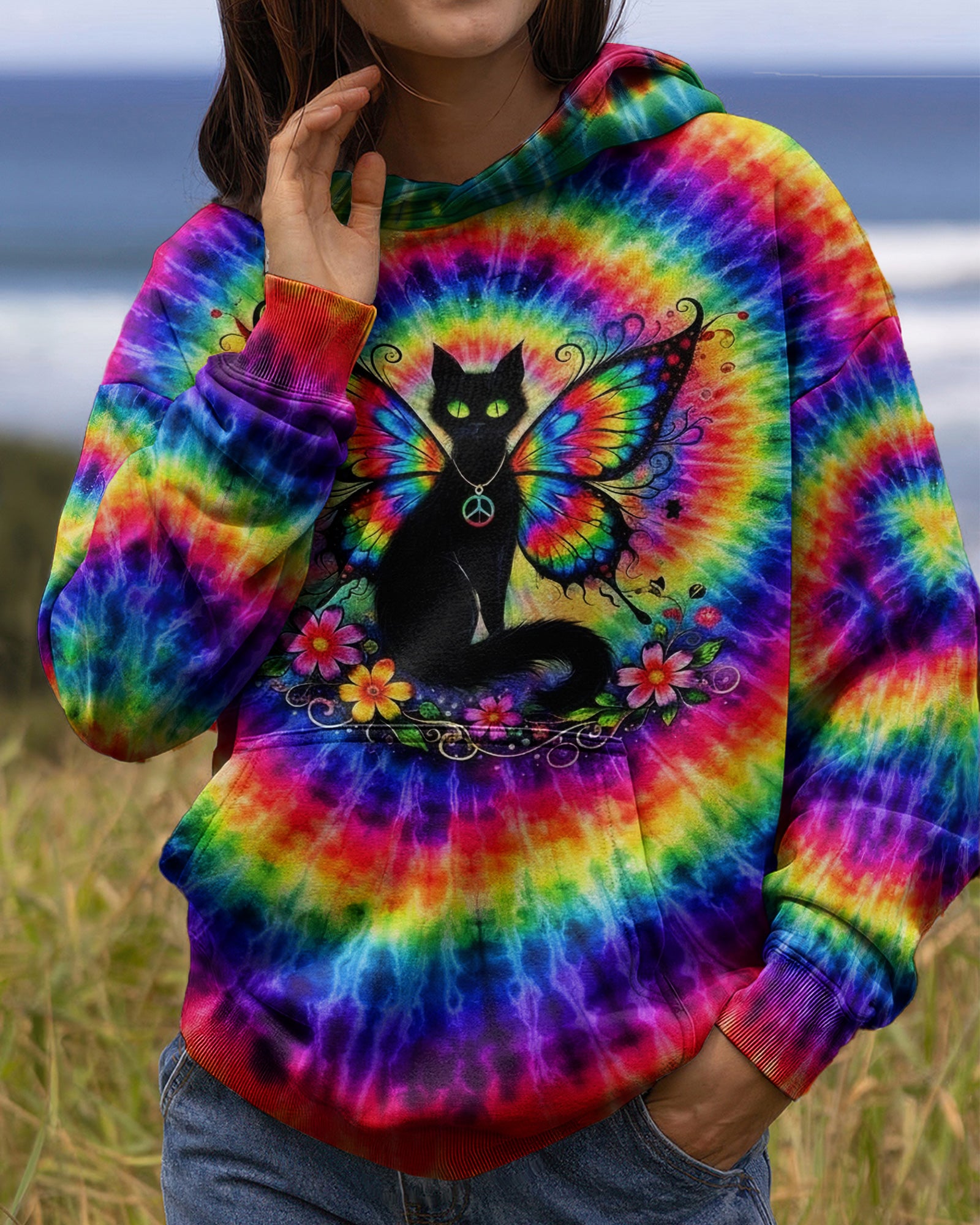 RAINBOW SWIRL BLACK CAT ALL OVER PRINT - YHHG2502261