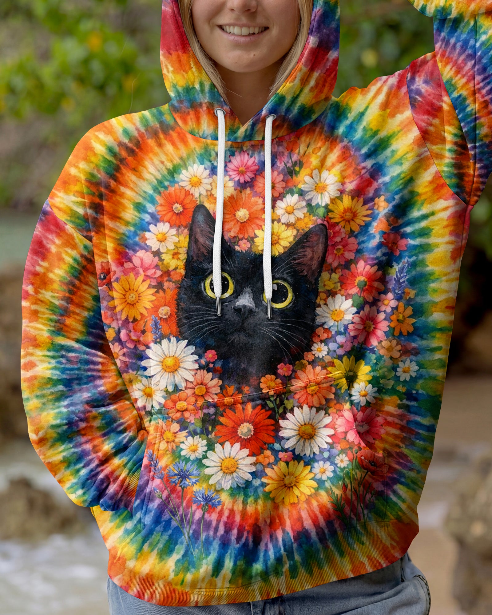 BLACK CAT WITH FLORAL SWIRL ALL OVER PRINT - TLHN0403262
