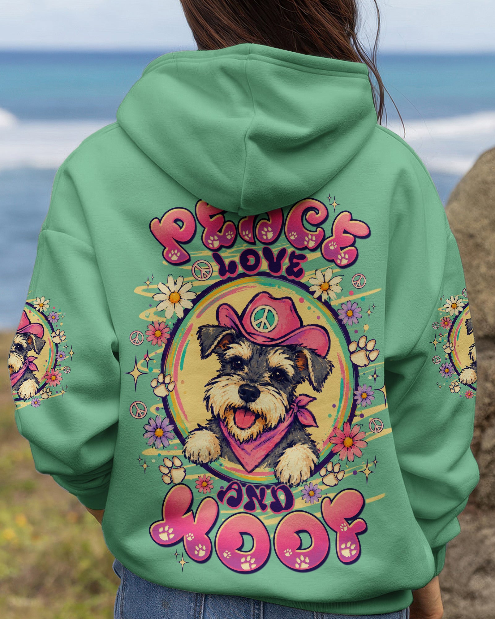 PEACE LOVE AND WOOF SCHNAUZER DOG ALL OVER PRINT - TLTW1507261