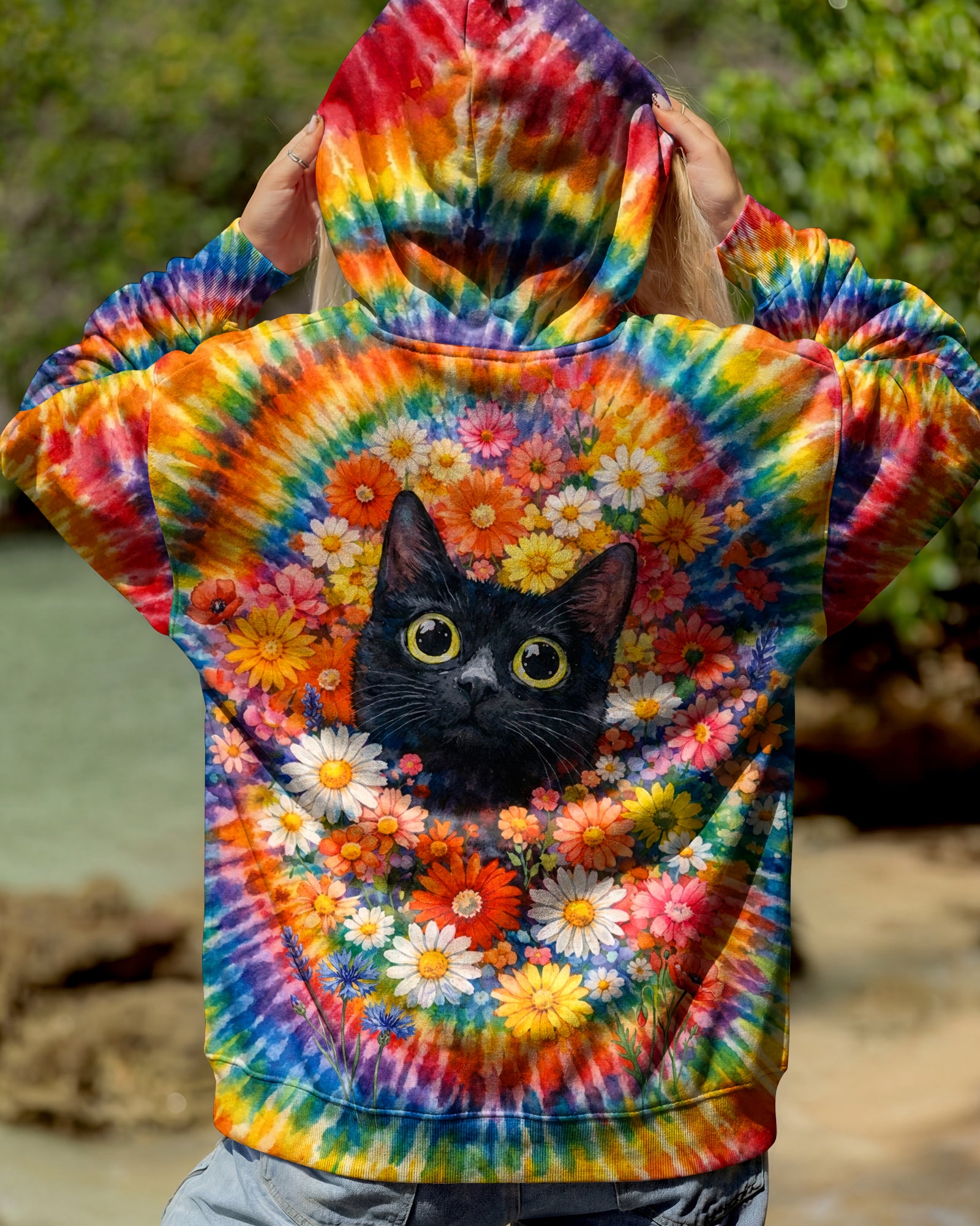 BLACK CAT WITH FLORAL SWIRL ALL OVER PRINT - TLHN0403262