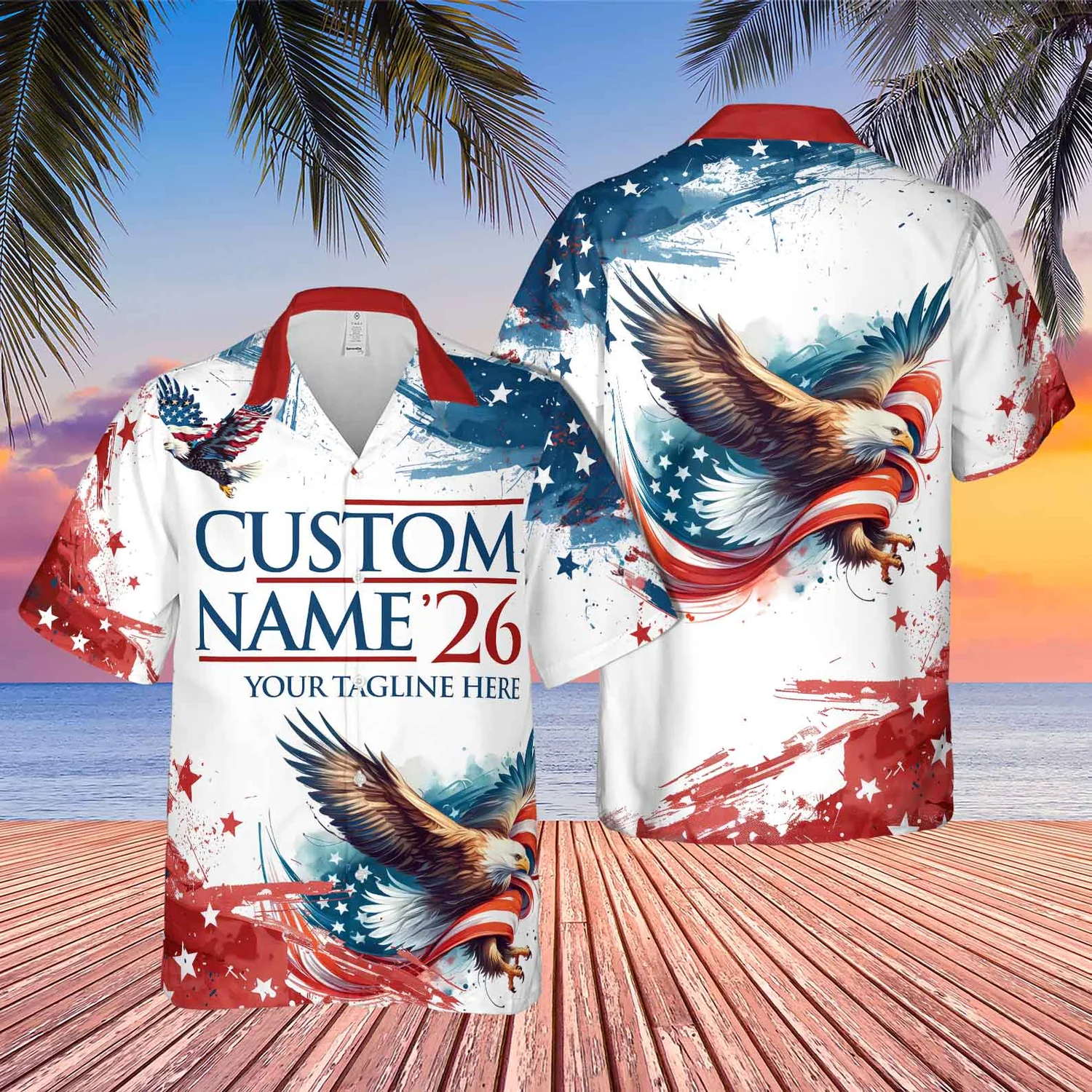 Customizable American Flag Eagle Patriotic Summer Button-Down Shirt