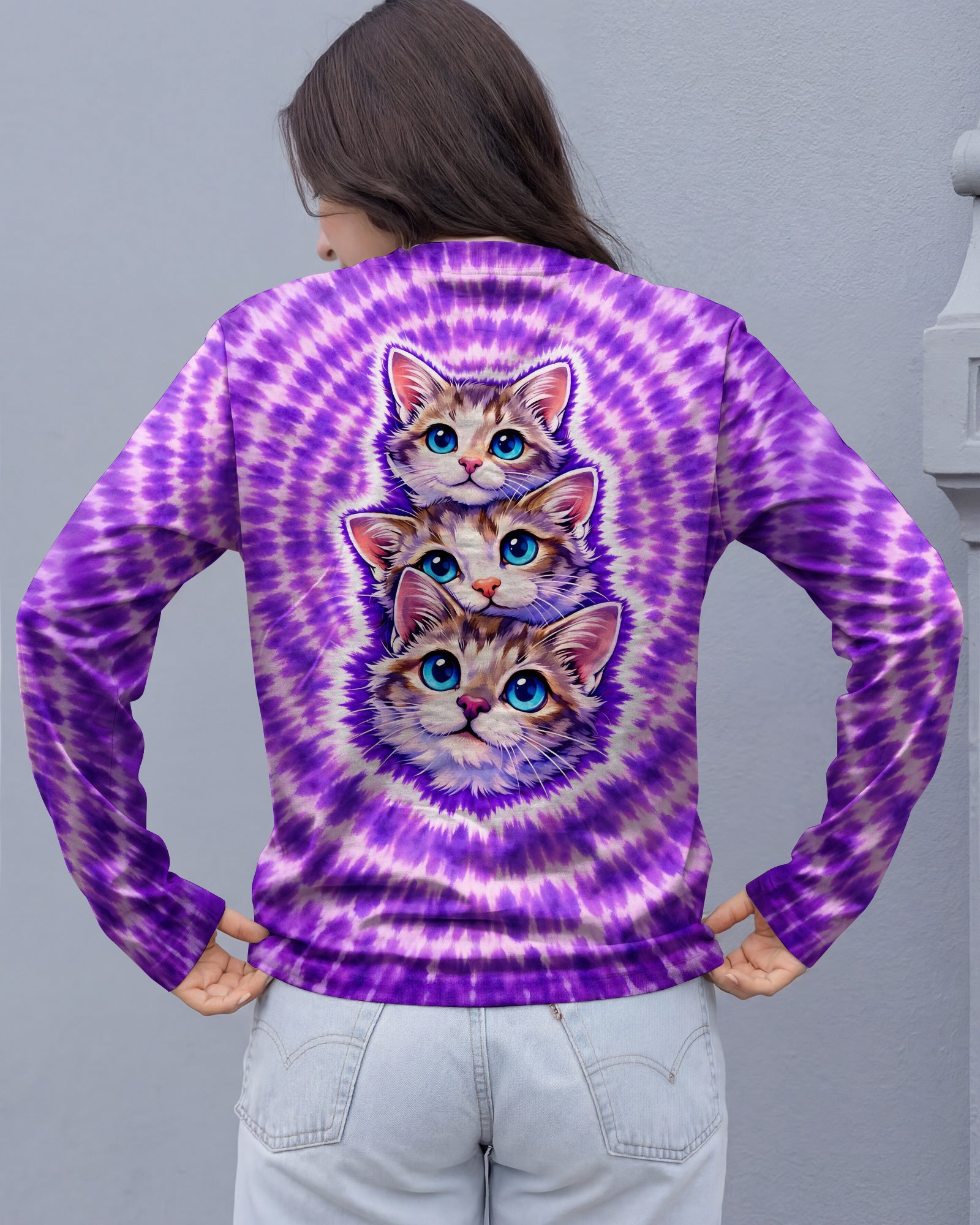 THREE CAT FACE PURPLE SWIRL ALL OVER PRINT - TLHG1703263
